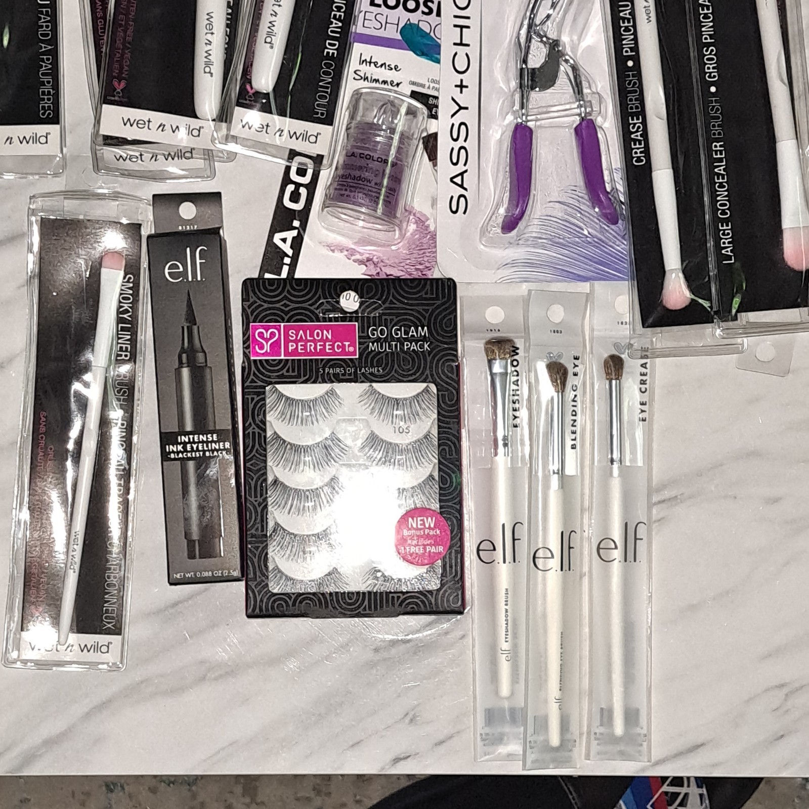 wet n wild + e.l.f. Makeup Tool Lot Full Size Brushes, Lash Curler + Eyeliner
