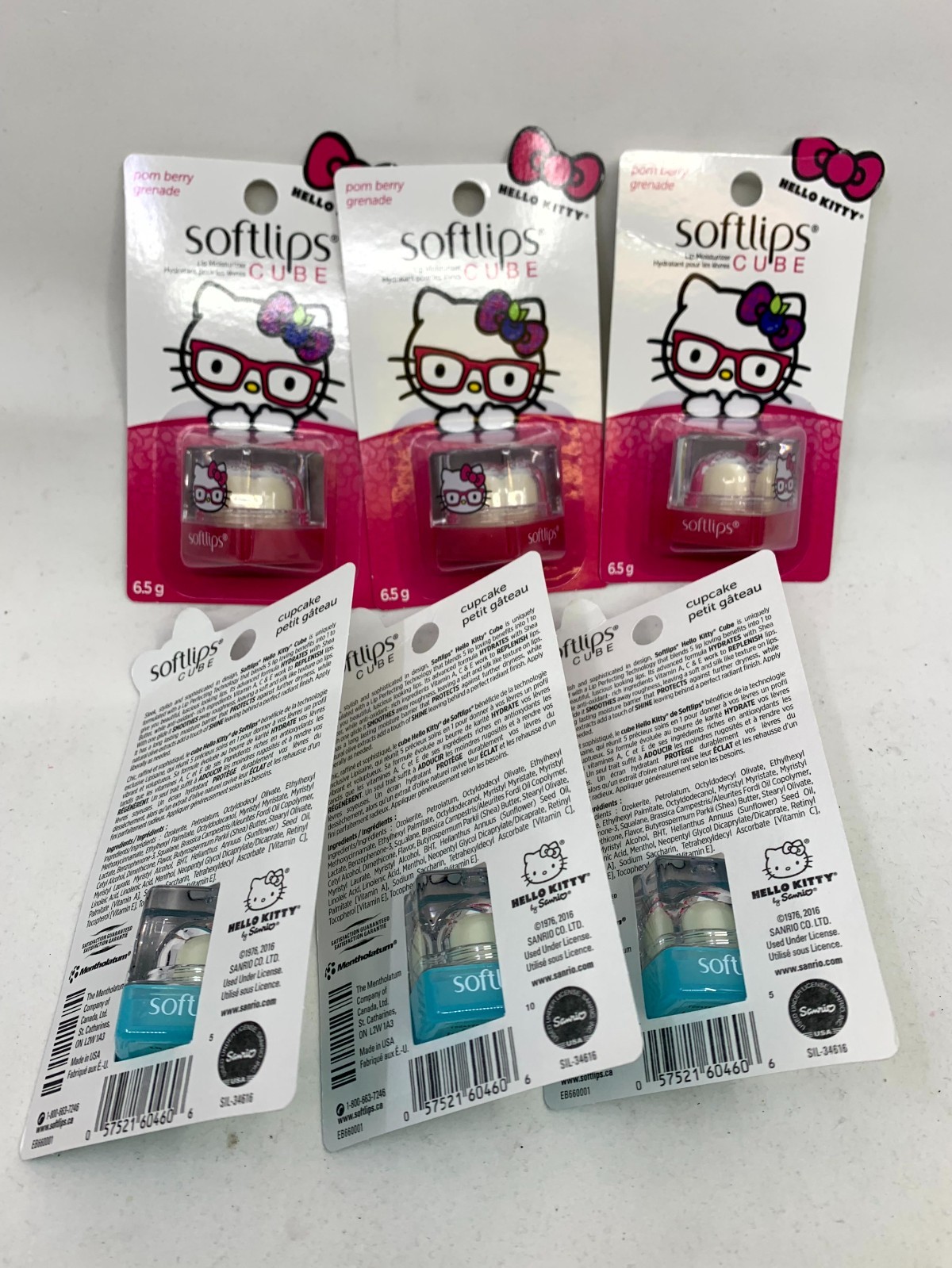 6 Hello Kitty Softlips Cube Pom Berry & Cupcake Lip balm DISCONTINUED Sanrio NEW