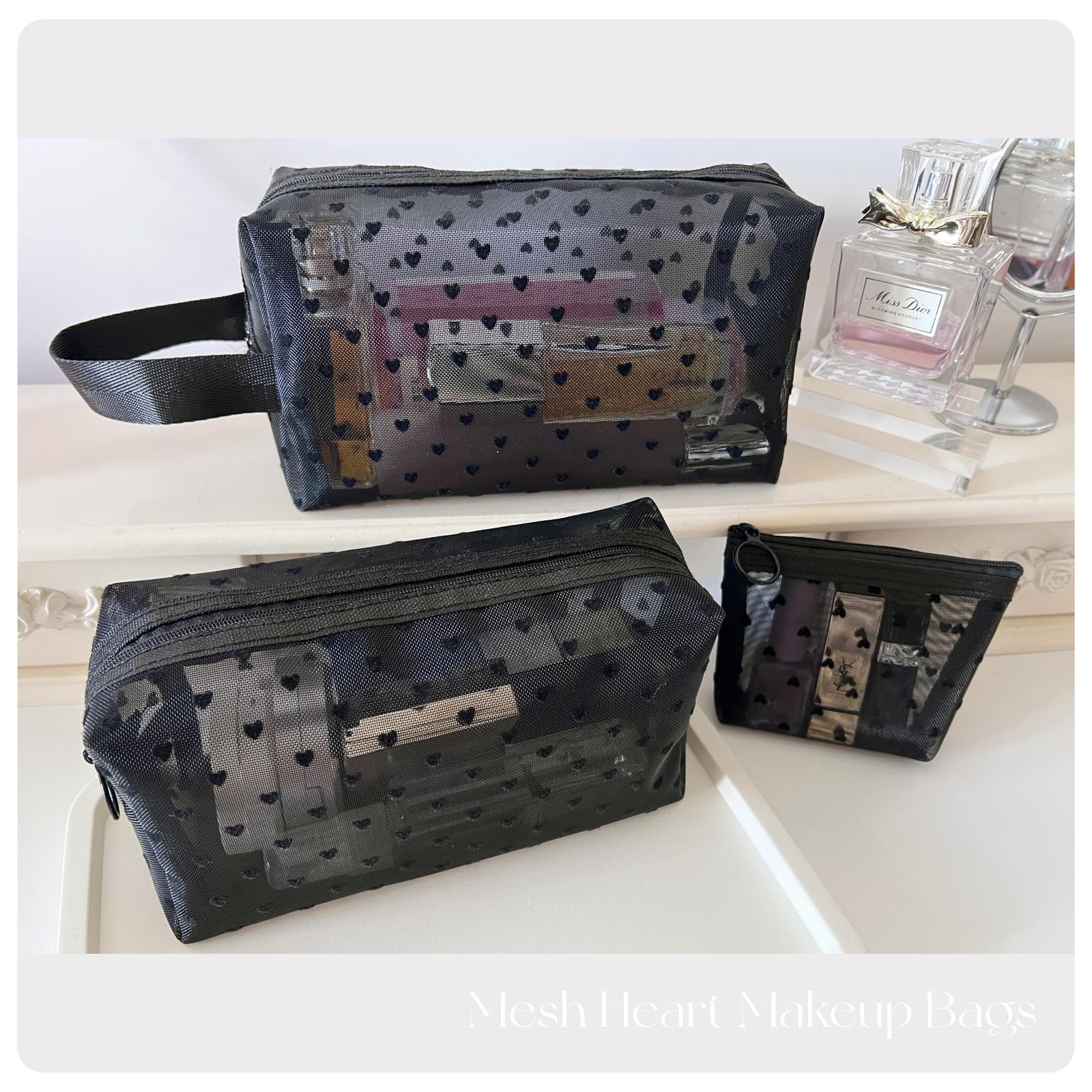 5 Pieces Zipper Mesh Cosmetic Bags Set, Mesh Heart Makeup Bags Toiletry Bags,…