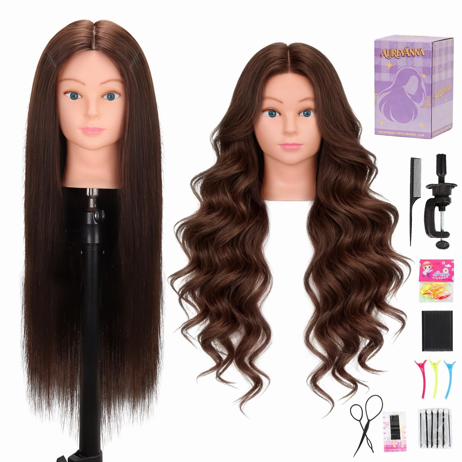 Mannequin Head with 80% Real Hair for Cosmetology, 26-28″ Light Brown Hairdre…