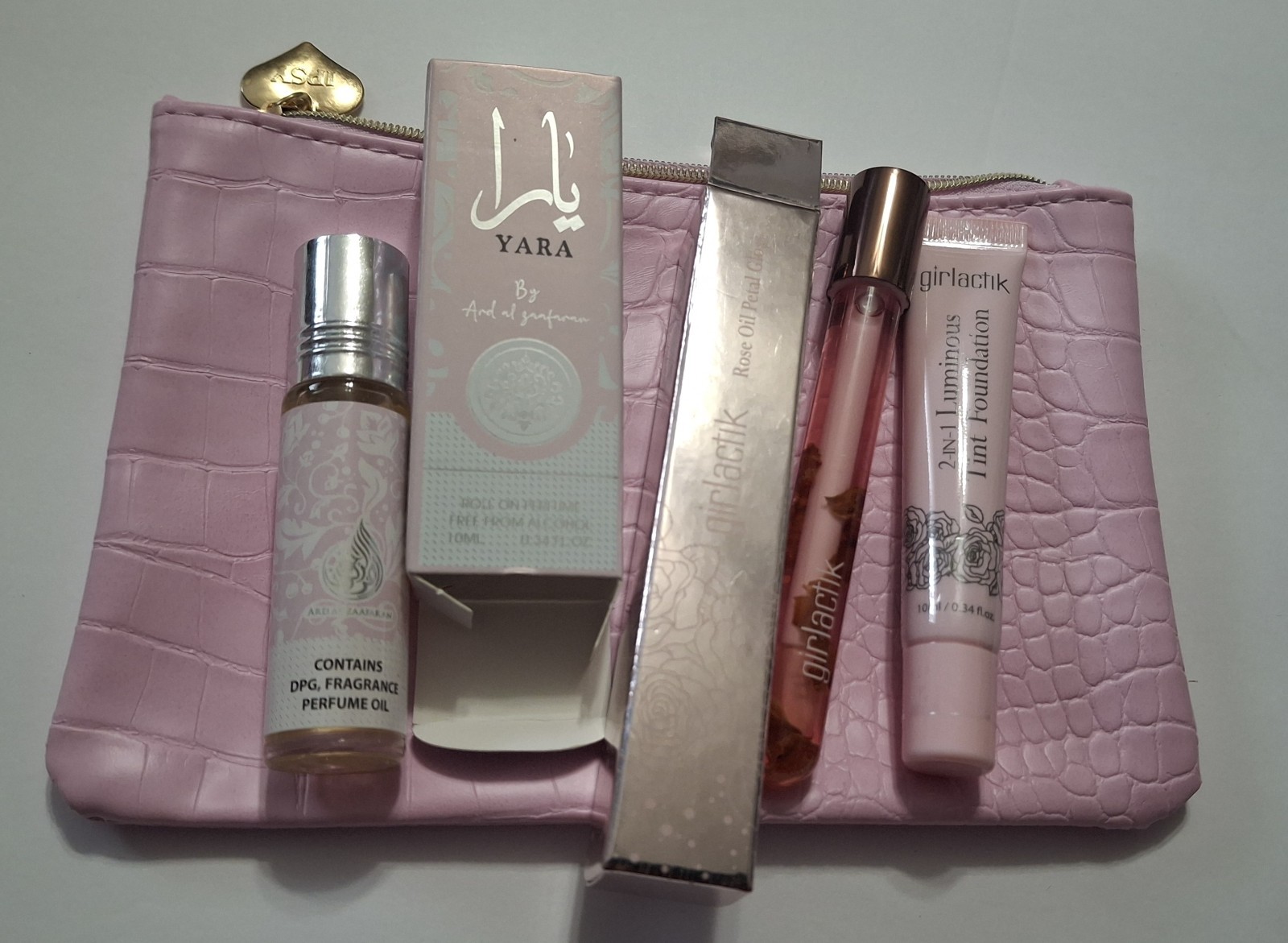 Girlactik 2‑in‑1 Tint Foundation F2Light & Rose Oil Petal Lip Gloss Yara Roll On
