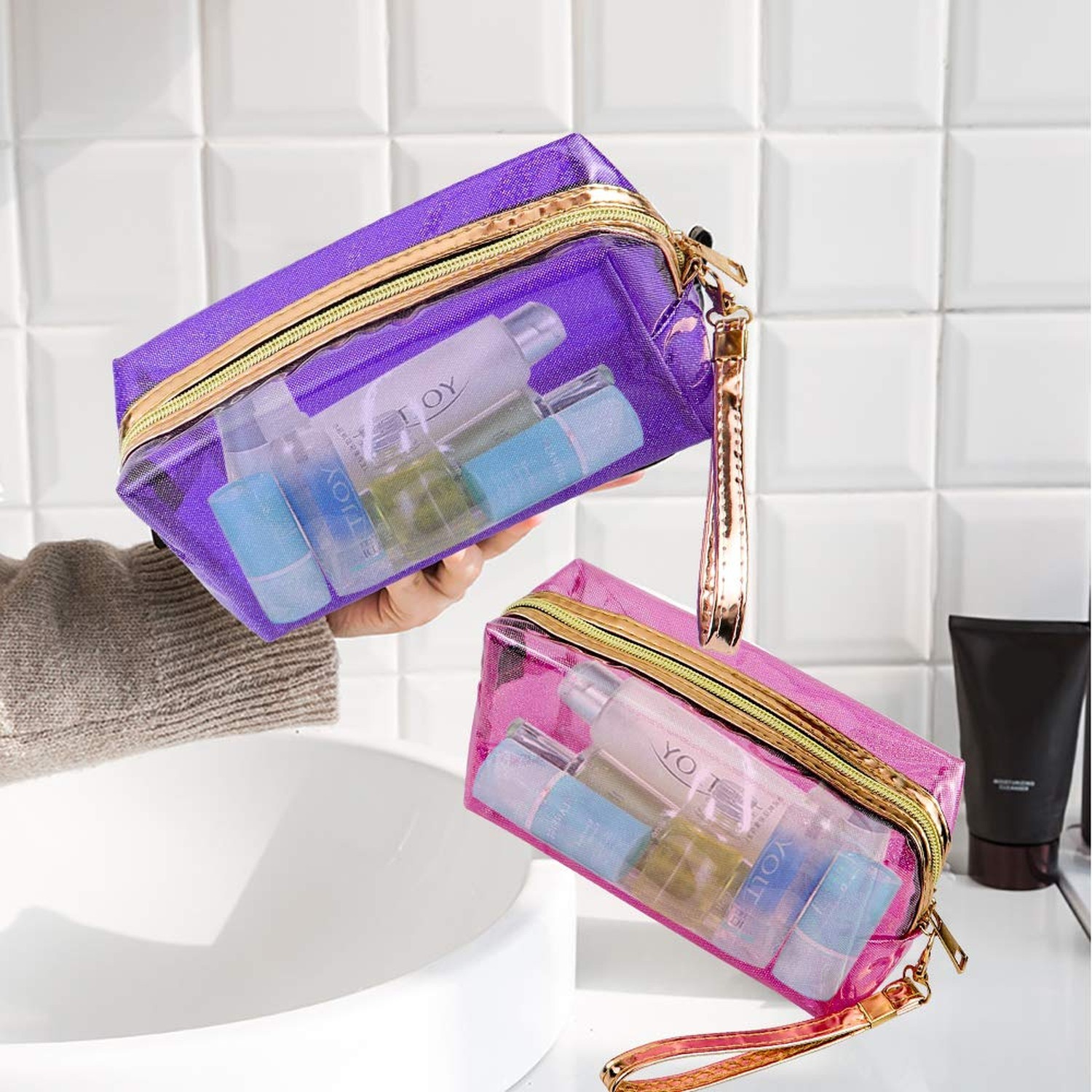 Meetory 5 Pack Waterproof Cosmetic Bag Portable Translucent Makeup Bag Zipper…