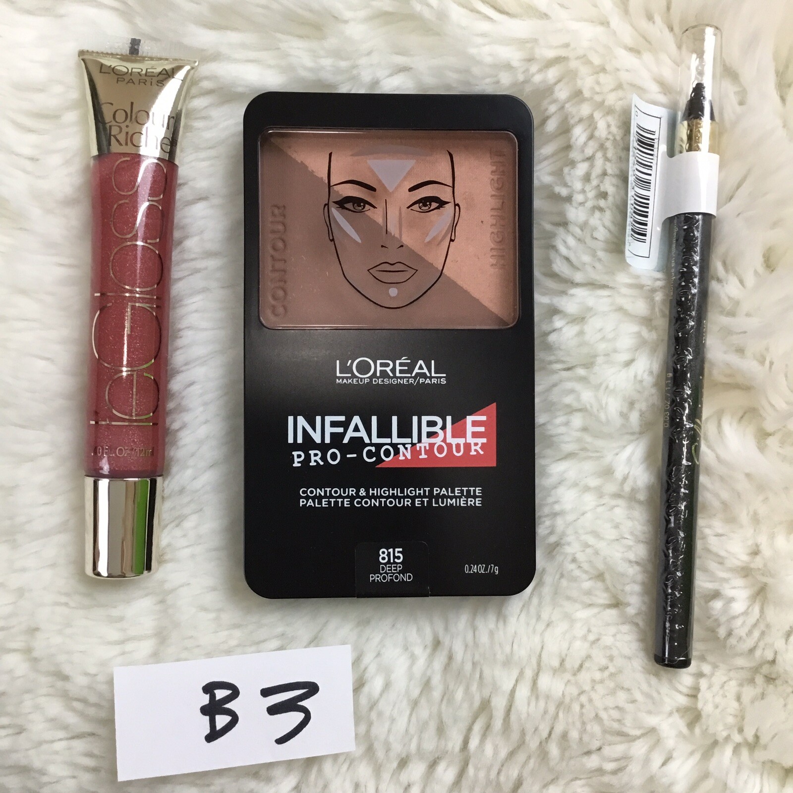 L’oreal 3 Pc Le Lip Gloss Mauve, Contour Deep Palette 815 Charcoal Eyeliner B3