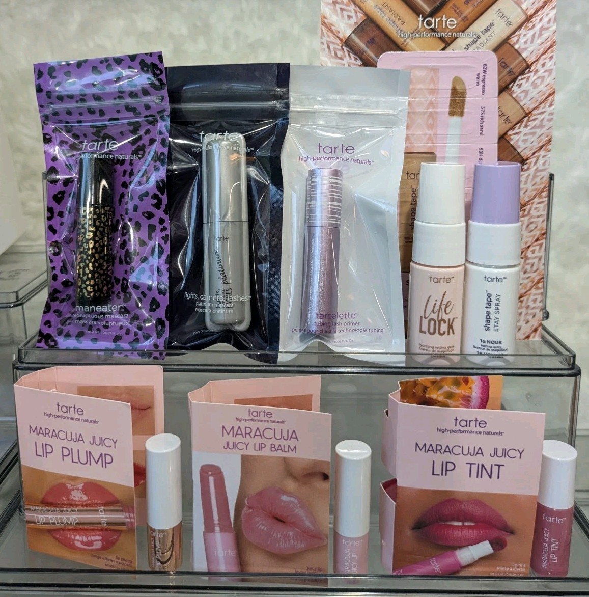 Tarte Beauty 9pcs Deluxe Samples Maracuja Lips, Setting spray, Maneater, Tartel