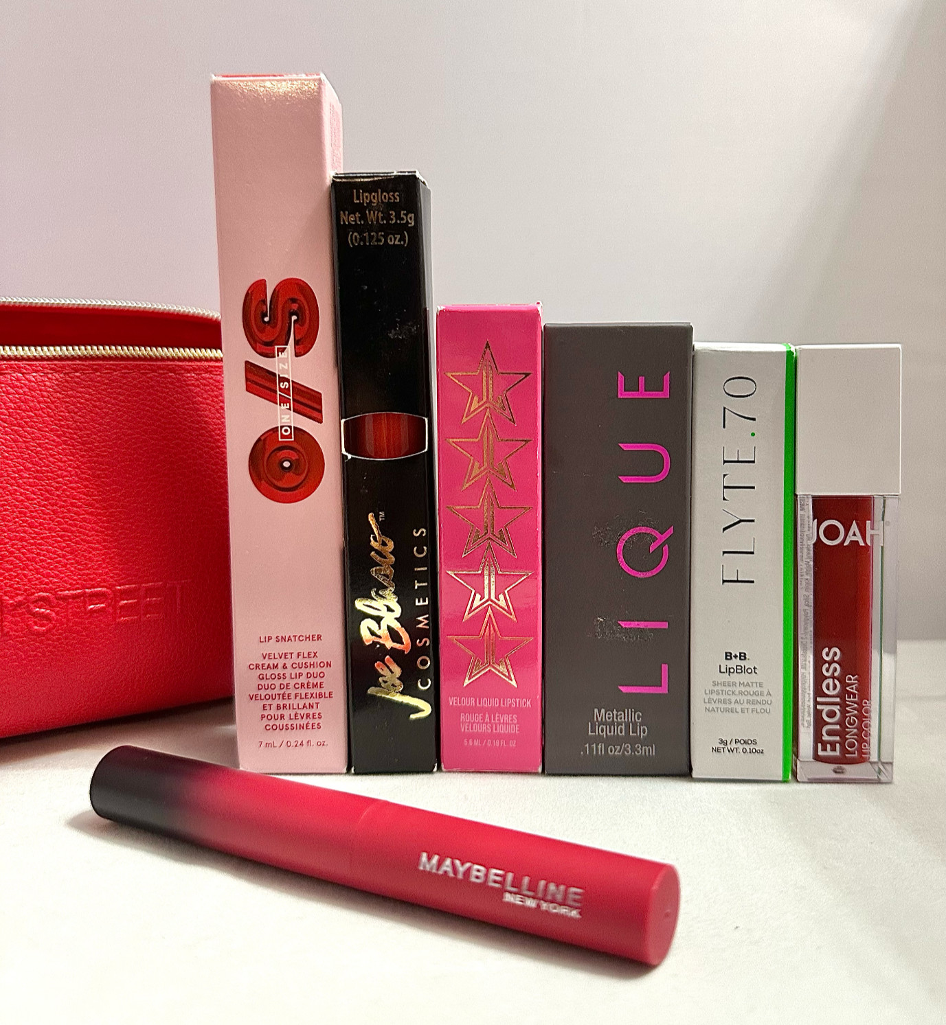 7 Pc Red Lip Bundle O/S Jeffree Star Lique Flyte.70 JOAH Maybelline + Bag NEW