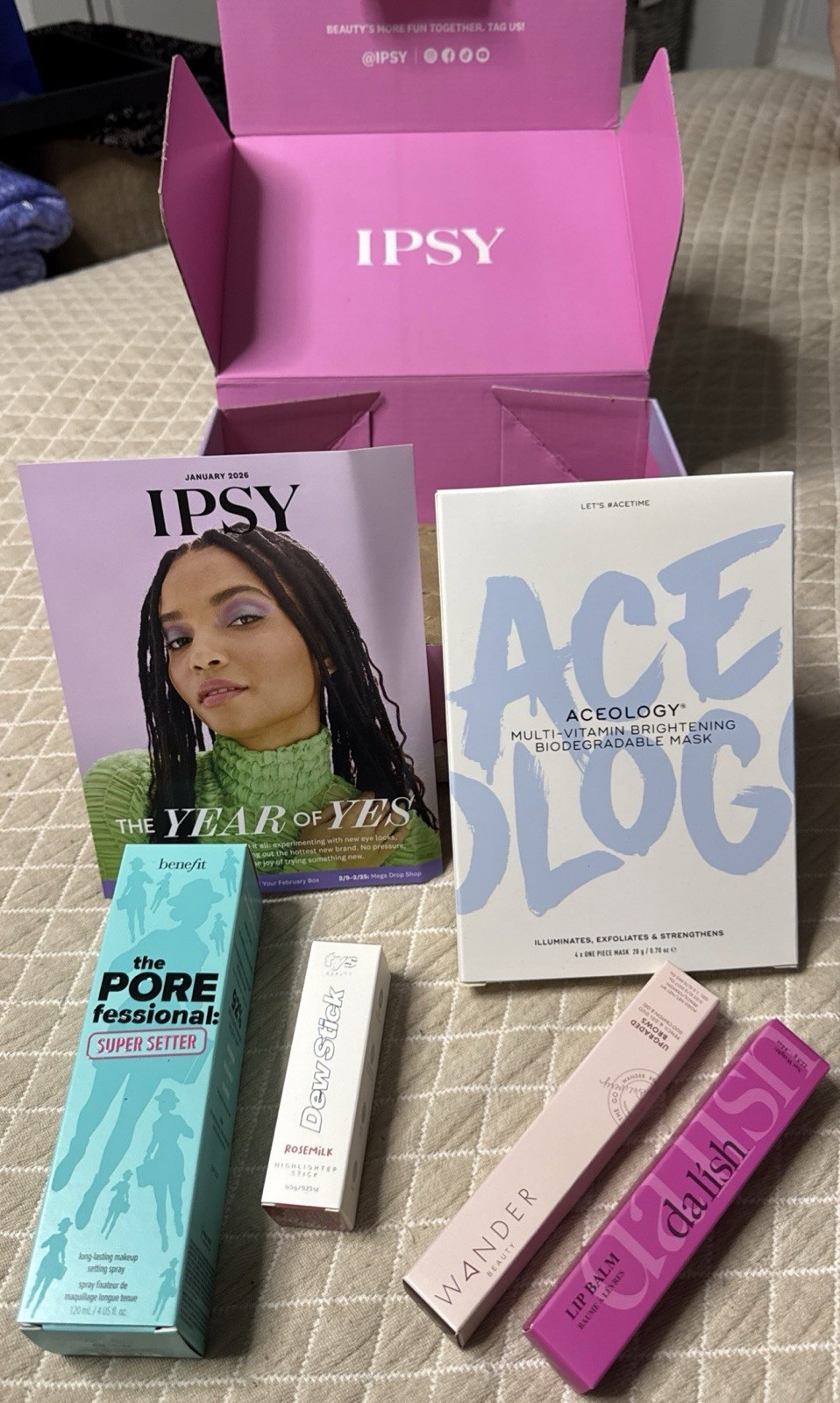 Boxy Charm box 5 NEW full size products Lip Balm Brow Pencil Highlighter….
