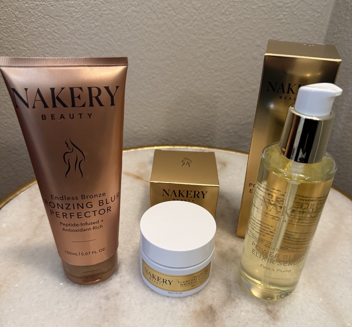 NAKERY Skincare Beauty Bundle, Full Size, Bronzer, Firming Serum, Wrinkle Cream