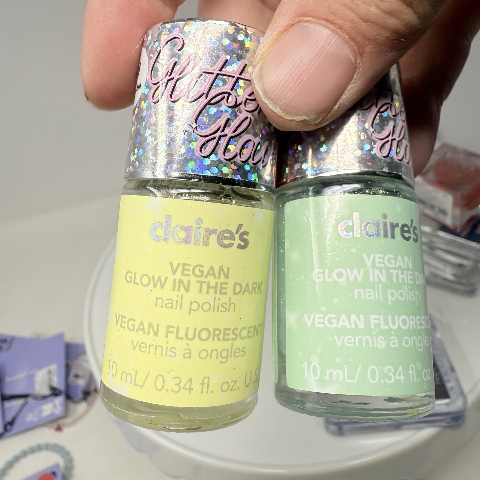 Claire’s Lot Makeup Glass Eyeshadow Pallet Nail Polish Glow In Dark Keychain