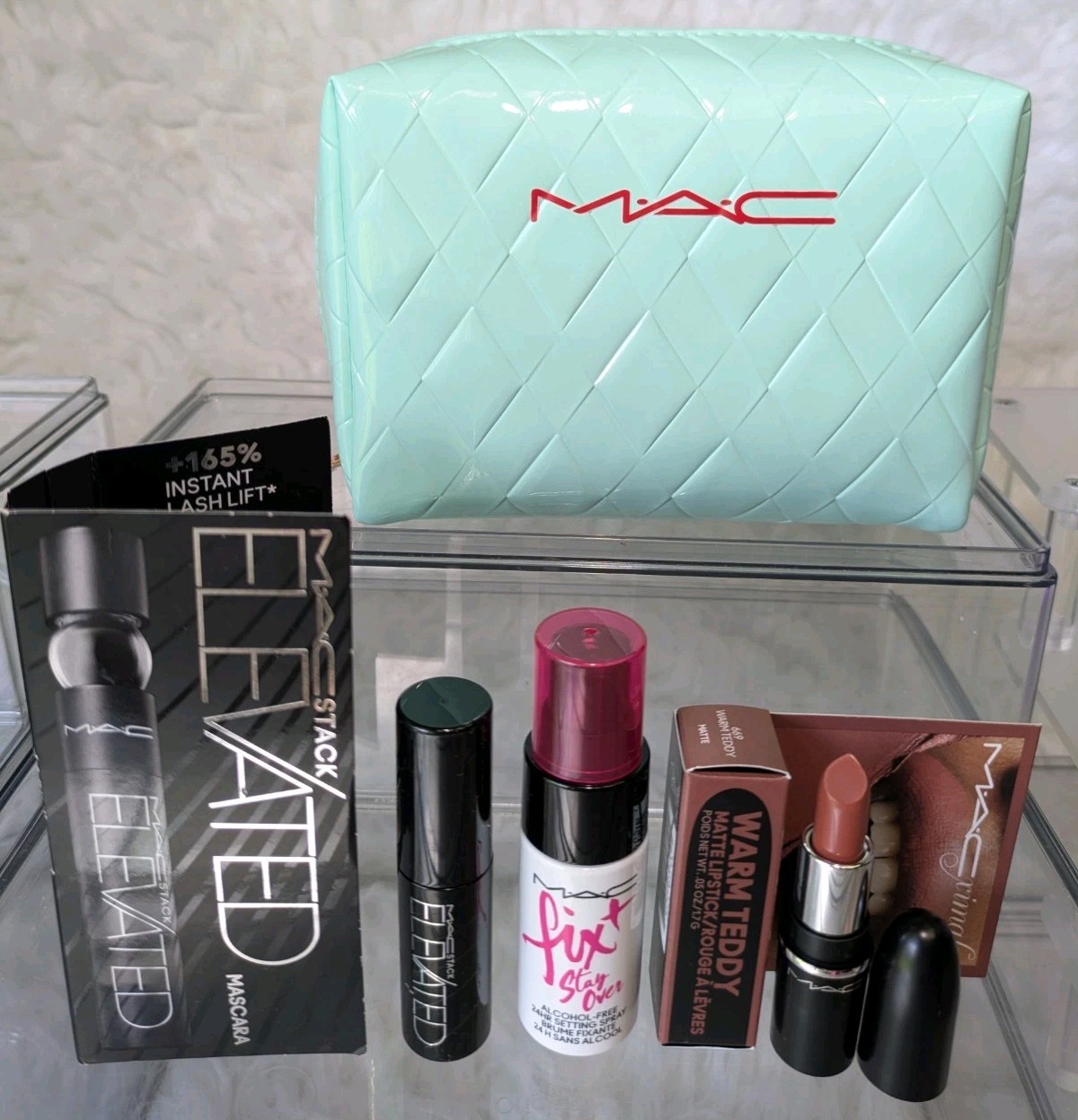 MAC Lot of 4 Warm Teddy Lipstick, Mascara, Setting Spray, & Tiffany Green Pouch