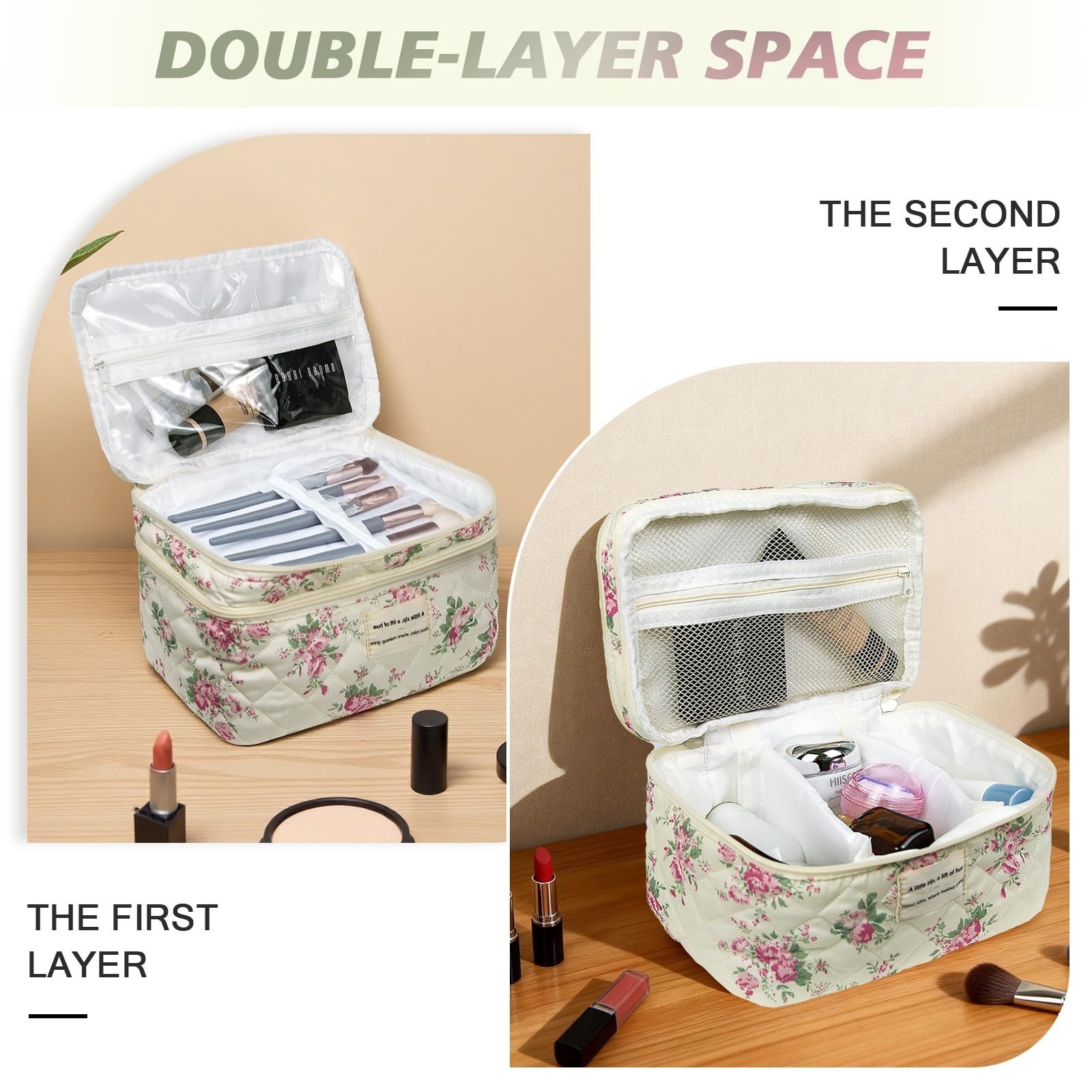 Large Quilted Makeup Bag, Large Floral Cosmetic Bag for Women, Cute Cotton Ma…