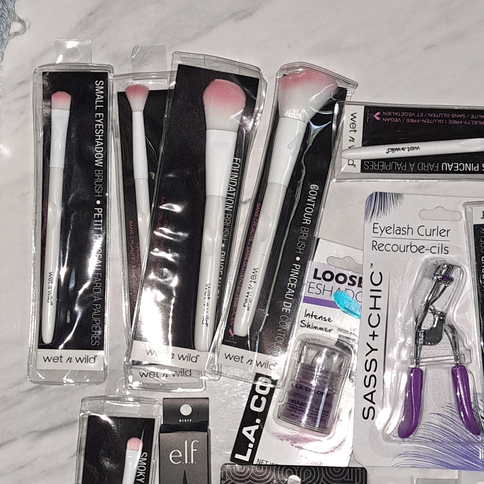 wet n wild + e.l.f. Makeup Tool Lot Full Size Brushes, Lash Curler + Eyeliner