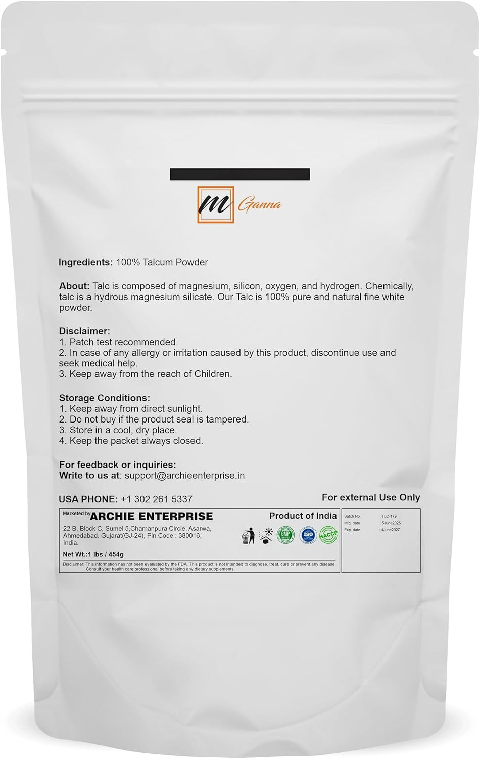 100% Natural Talc Powder for Facial Make-Up, Cosmetic Formulations, and Other In