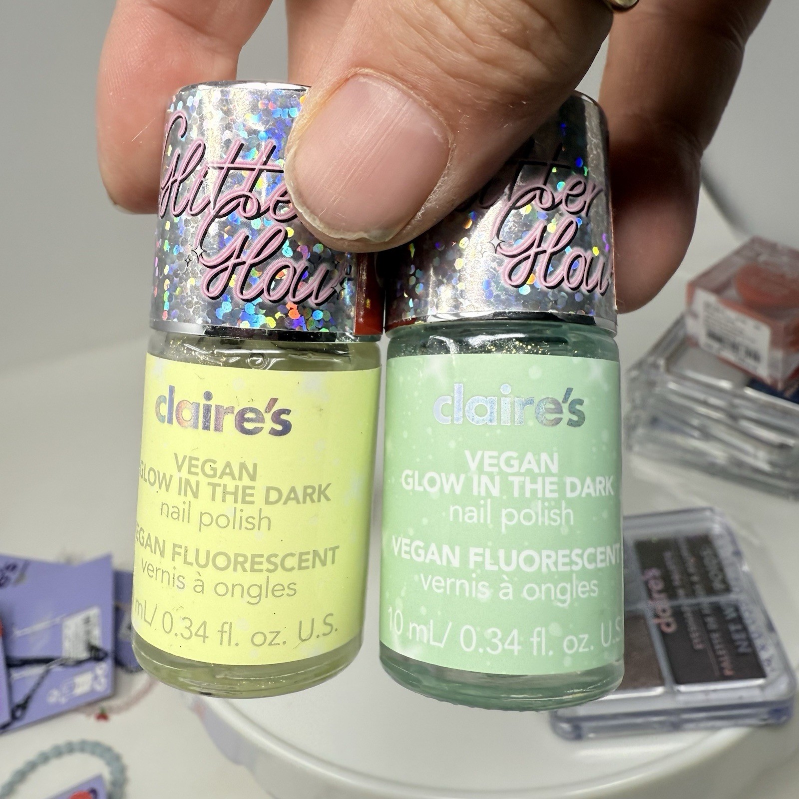 Claire’s Lot Makeup Glass Eyeshadow Pallet Nail Polish Glow In Dark Keychain