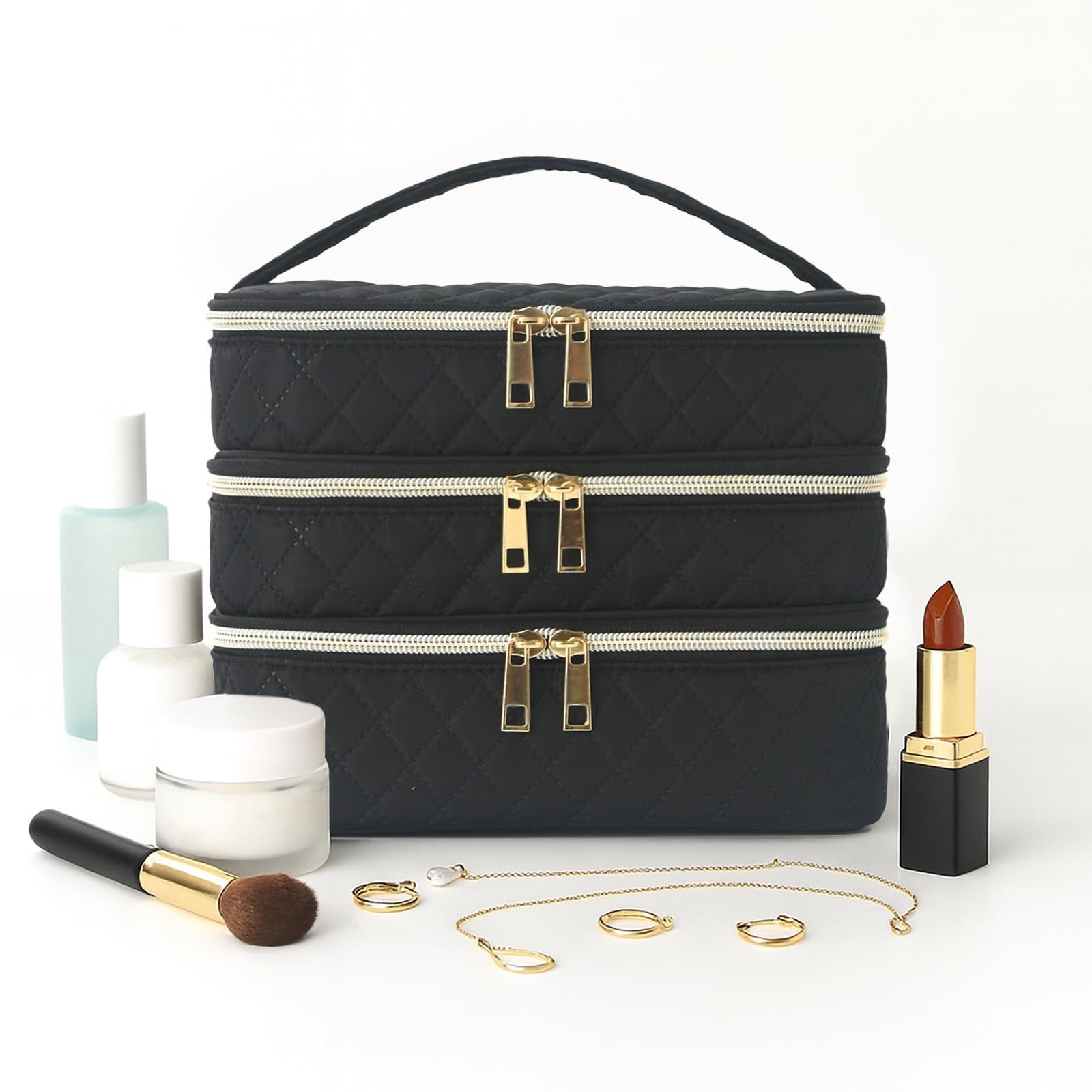 Travel Makeup Bag for Women Three Layer Large Cosmetic Case Water-resistant T…