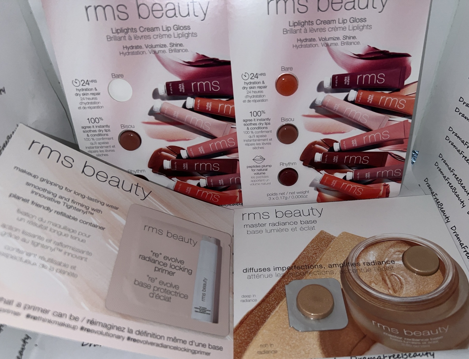 RMS Beauty Makeup 8 pc Lot Primer, Master Radiance Base, Liplights Lip Gloss Set