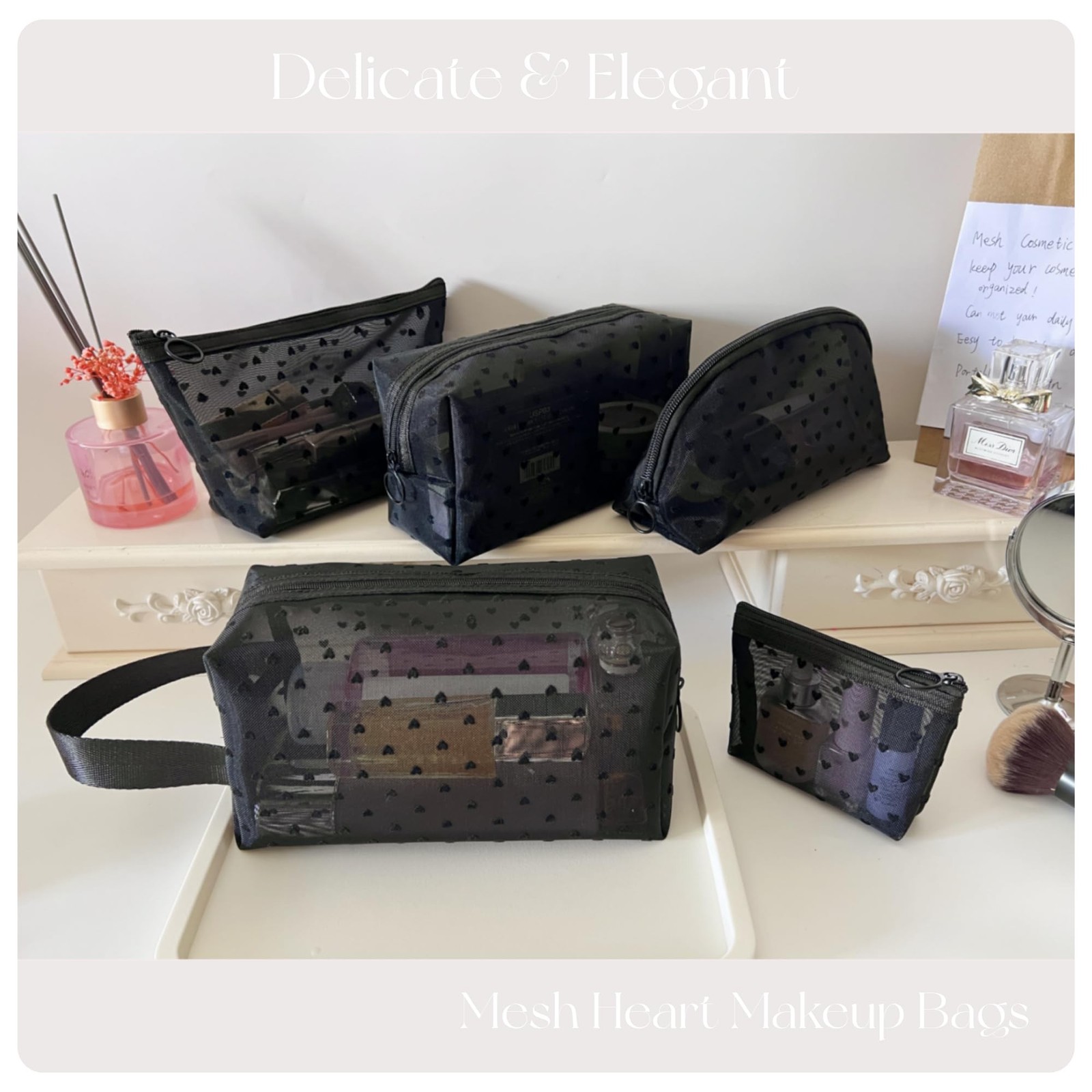 5 Pieces Zipper Mesh Cosmetic Bags Set, Mesh Heart Makeup Bags Toiletry Bags,…