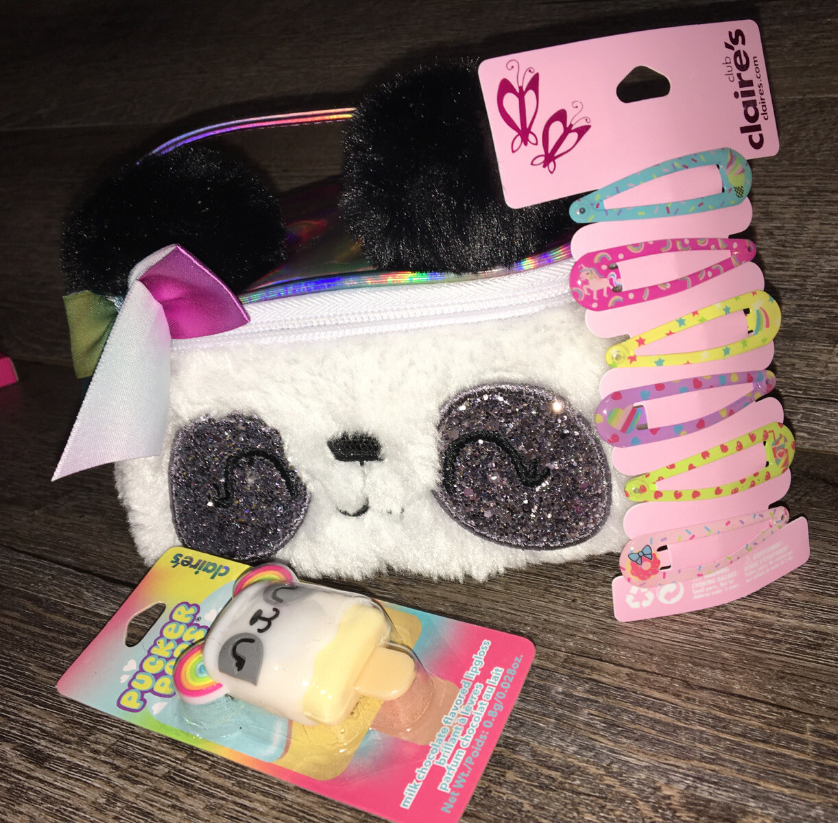 Claire’s Plush Panda Cosm Bag Unicorn Hair Clip Lip Gloss Keychain Backpack Lot