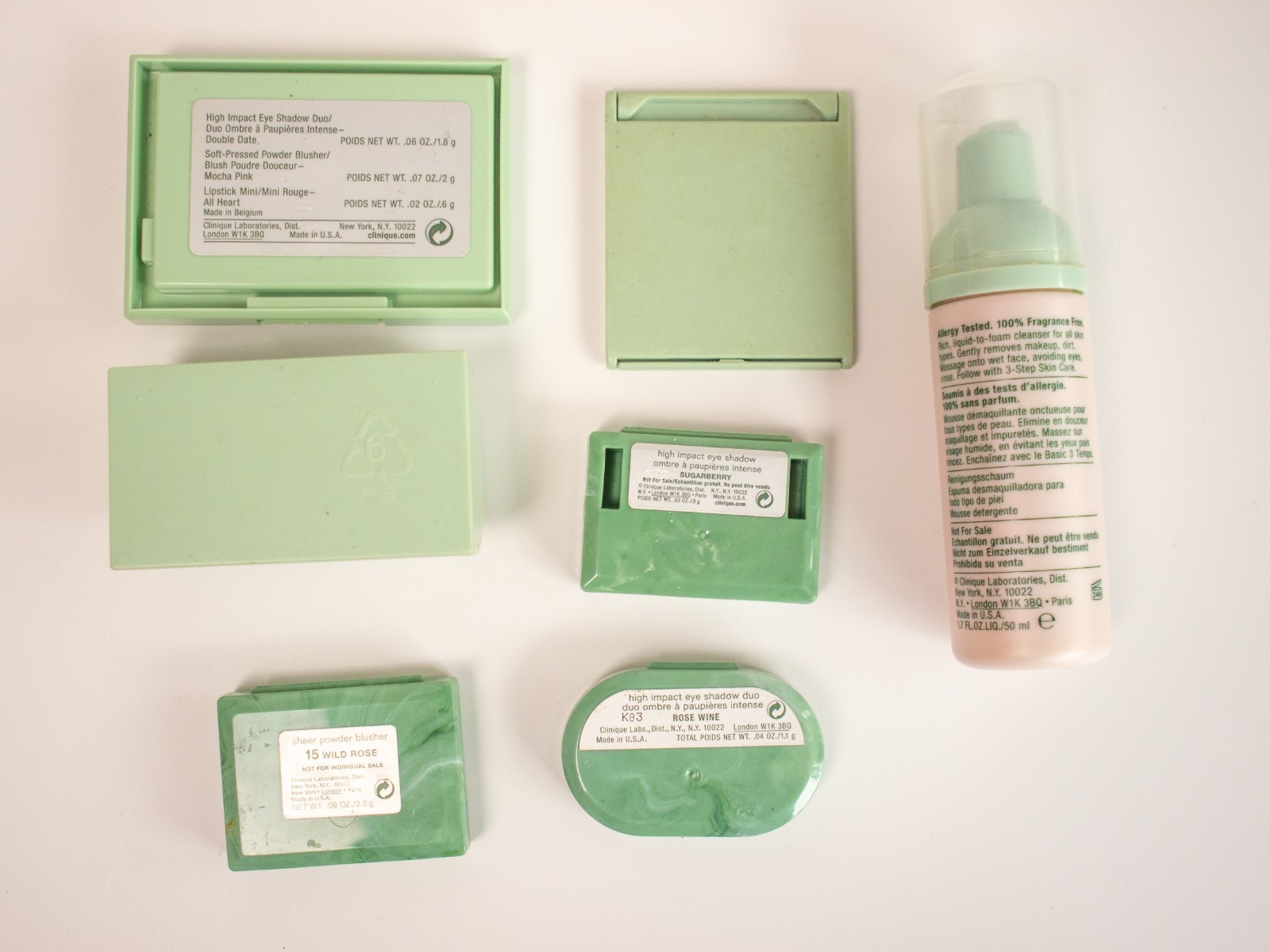 Lot of 7 Vintage Green Clinique Bag Soap Lipstick Powder Eye Shadow Blush Mousse