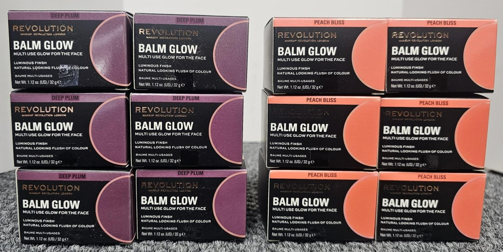 12 BOXES of REVOLUTION BALM GLOW, 6 PEACH BLISS/ 6 DEEP GLOW Multi-Use, 1.12 oz