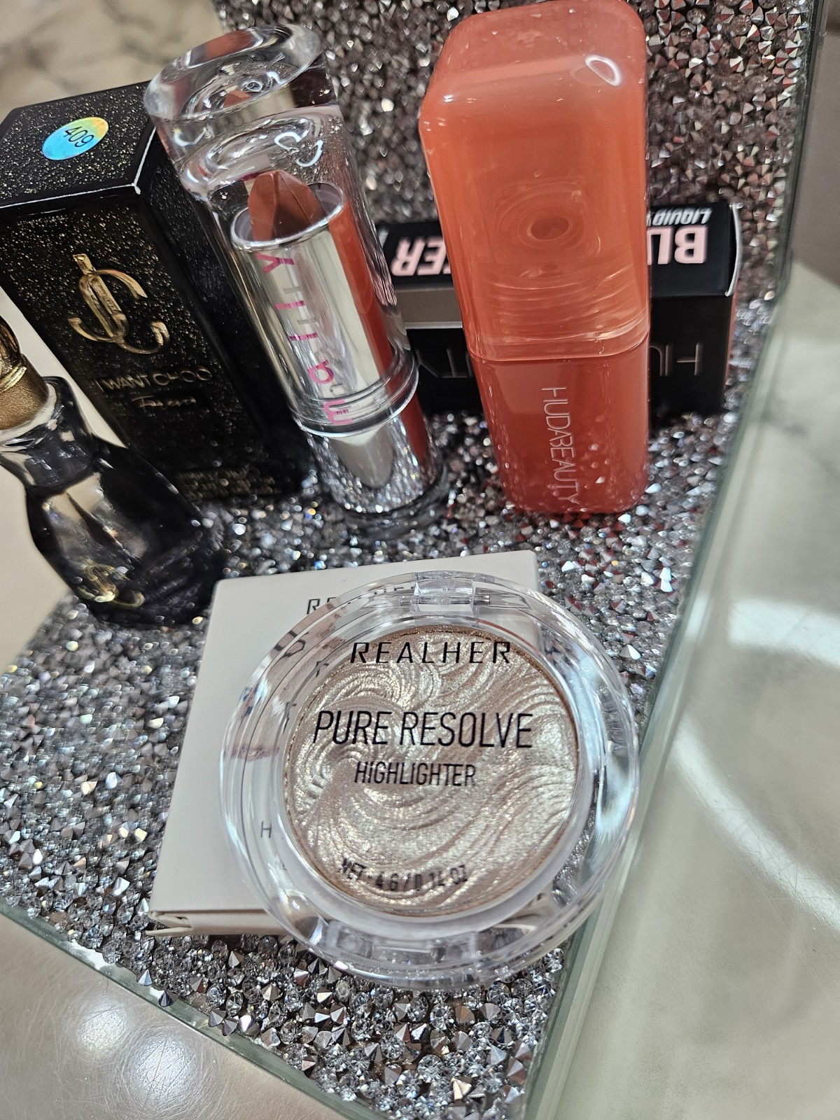 Jimmy Choo I Want Choo, REALHER Highlighter, Huda Beauty Lipstick Lot 4