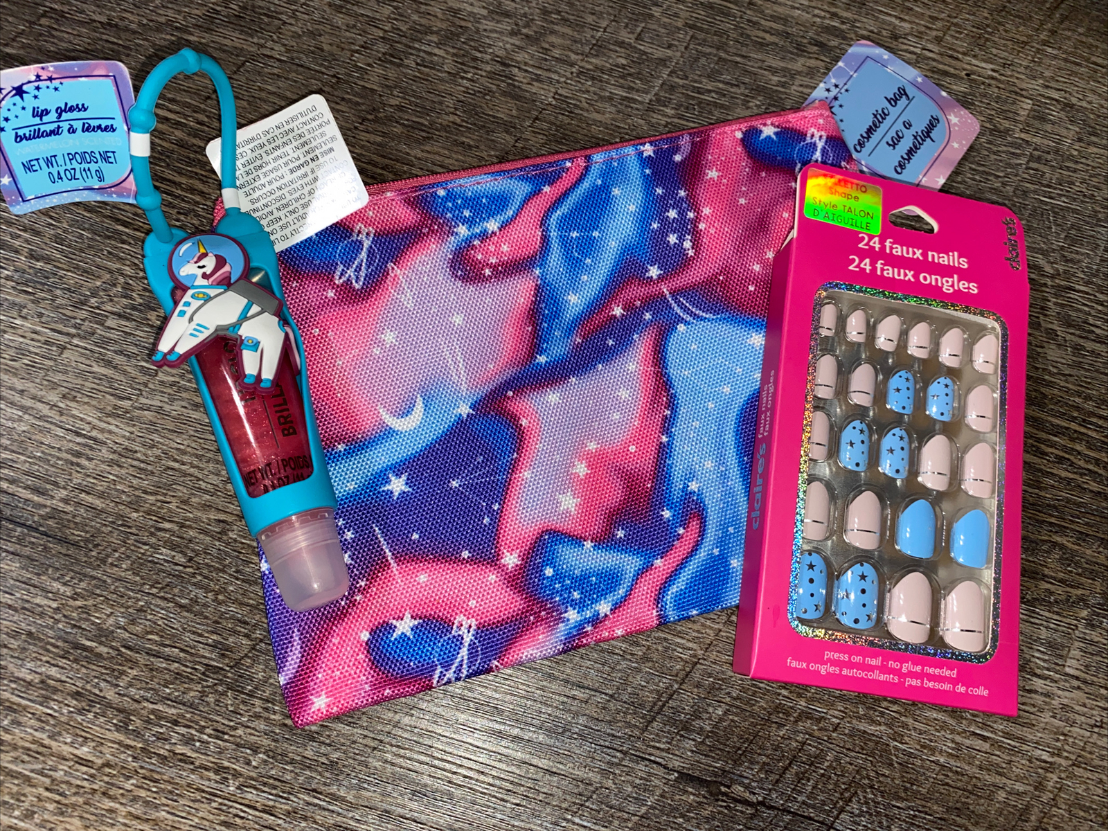 Claire’s Unicorn Galaxy Nails Cosmetic Bag Backpack Clip Lip Gloss Lot