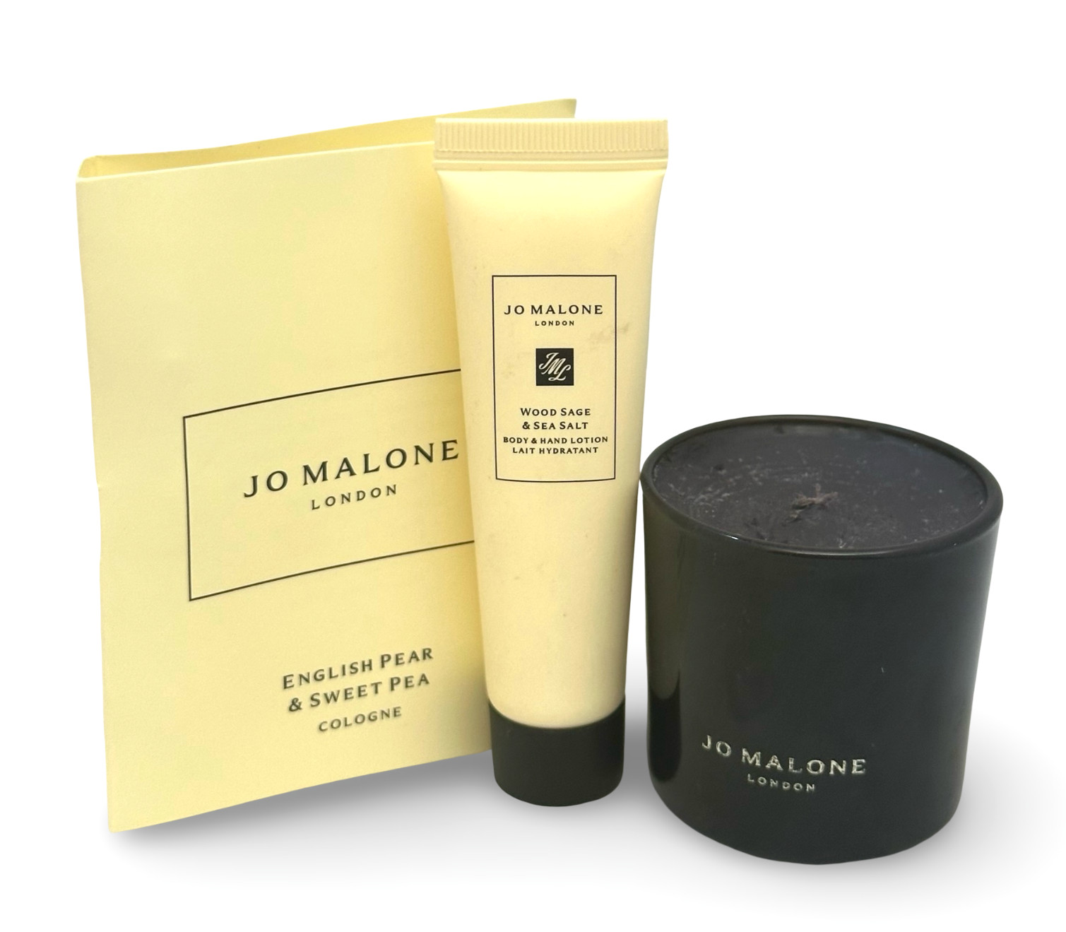 Jo Malone 3 Pc Bundle Candle Wood Sage Lotion English Pear Cologne Set
