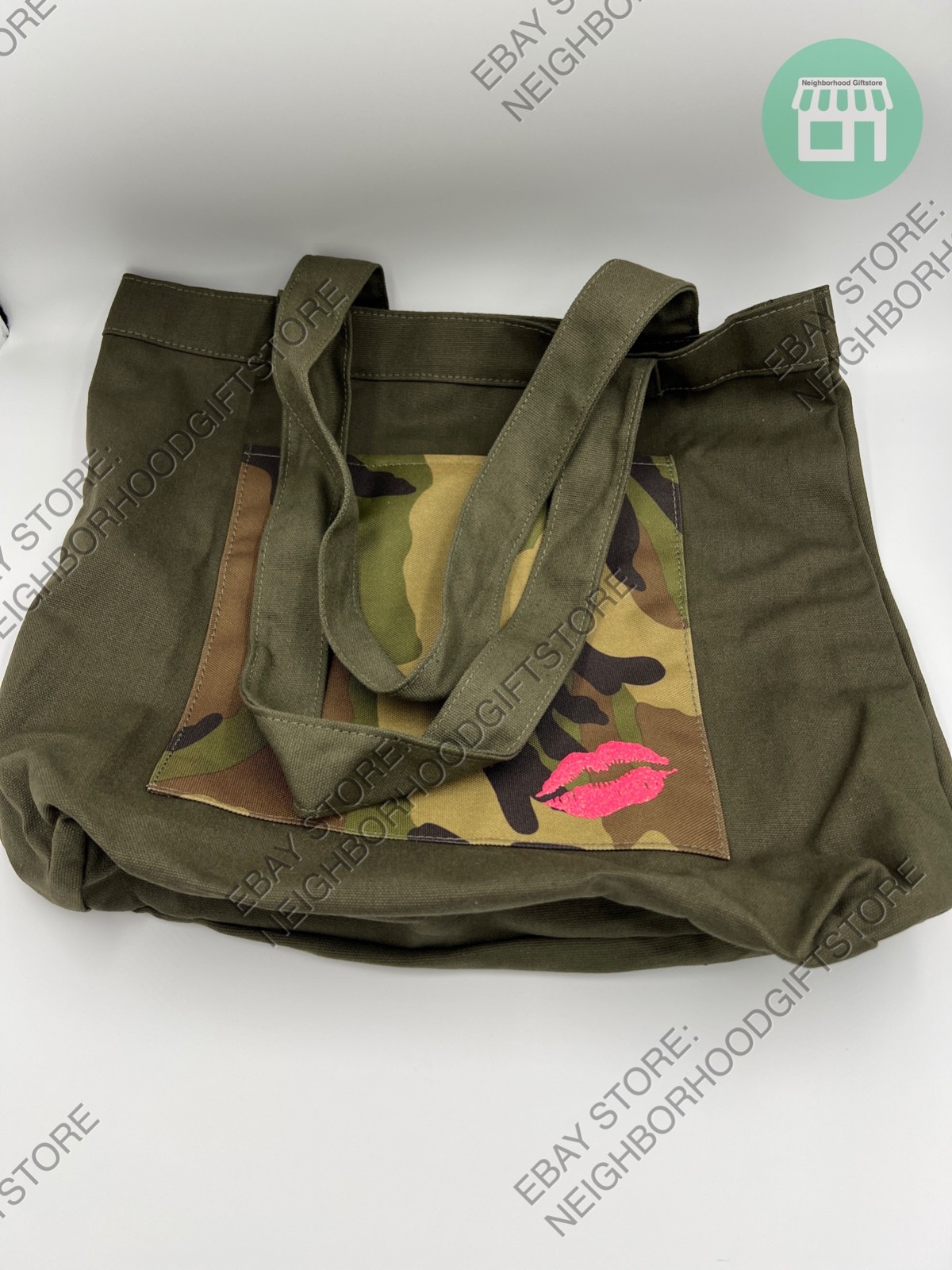 Bloomingdale Tote Bag GREEN ARMY LARGE Size 16″x14″x6″ NEW PICTURES.