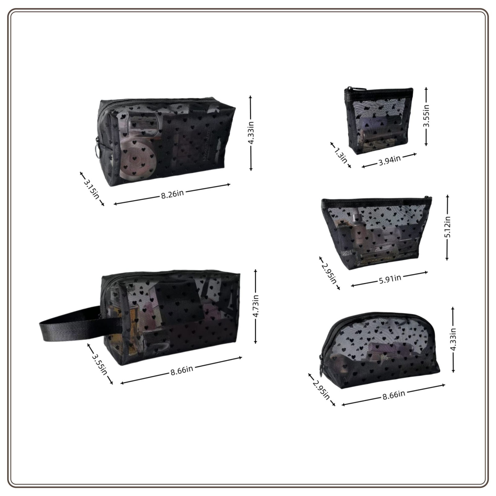 5 Pieces Zipper Mesh Cosmetic Bags Set, Mesh Heart Makeup Bags Toiletry Bags,…