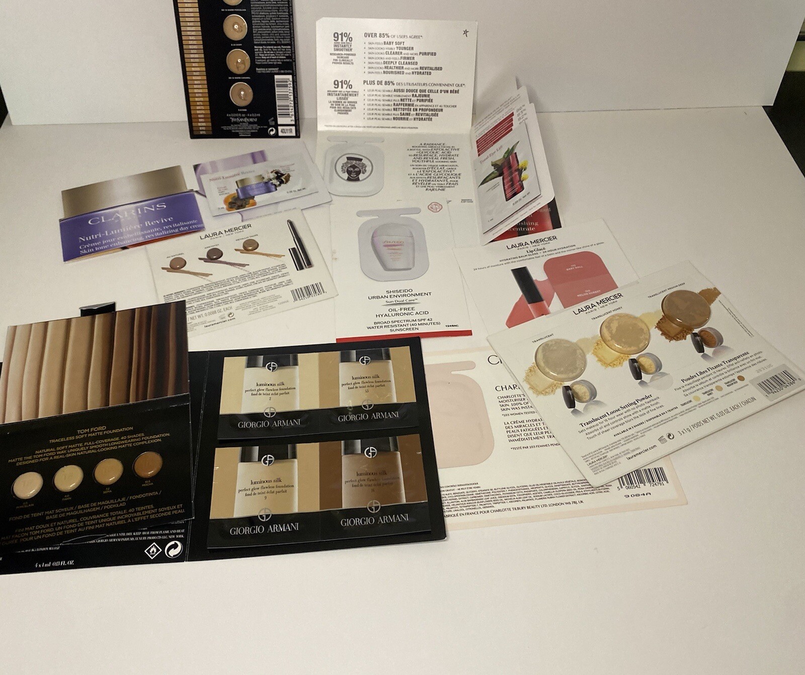 10 Pcs Beauty Makeup Skin Samples Tilbury Armani YSL Ford Mercier Clarins BONUS