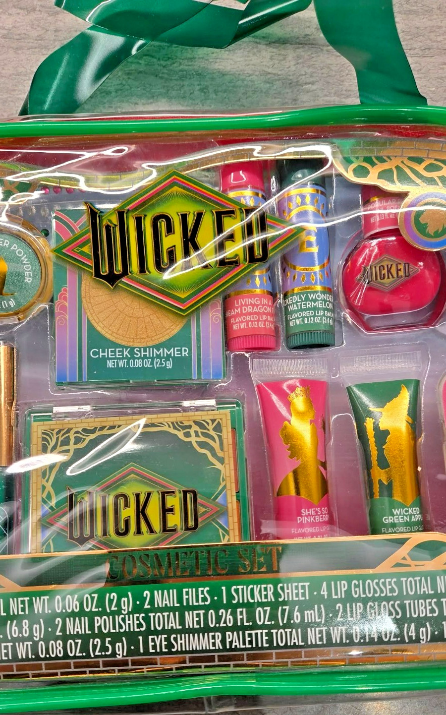 Wicked Movie Themed Cosmetic Set – Eye & Cheek Shimmer , Lip Gloss/Balms, Nail+