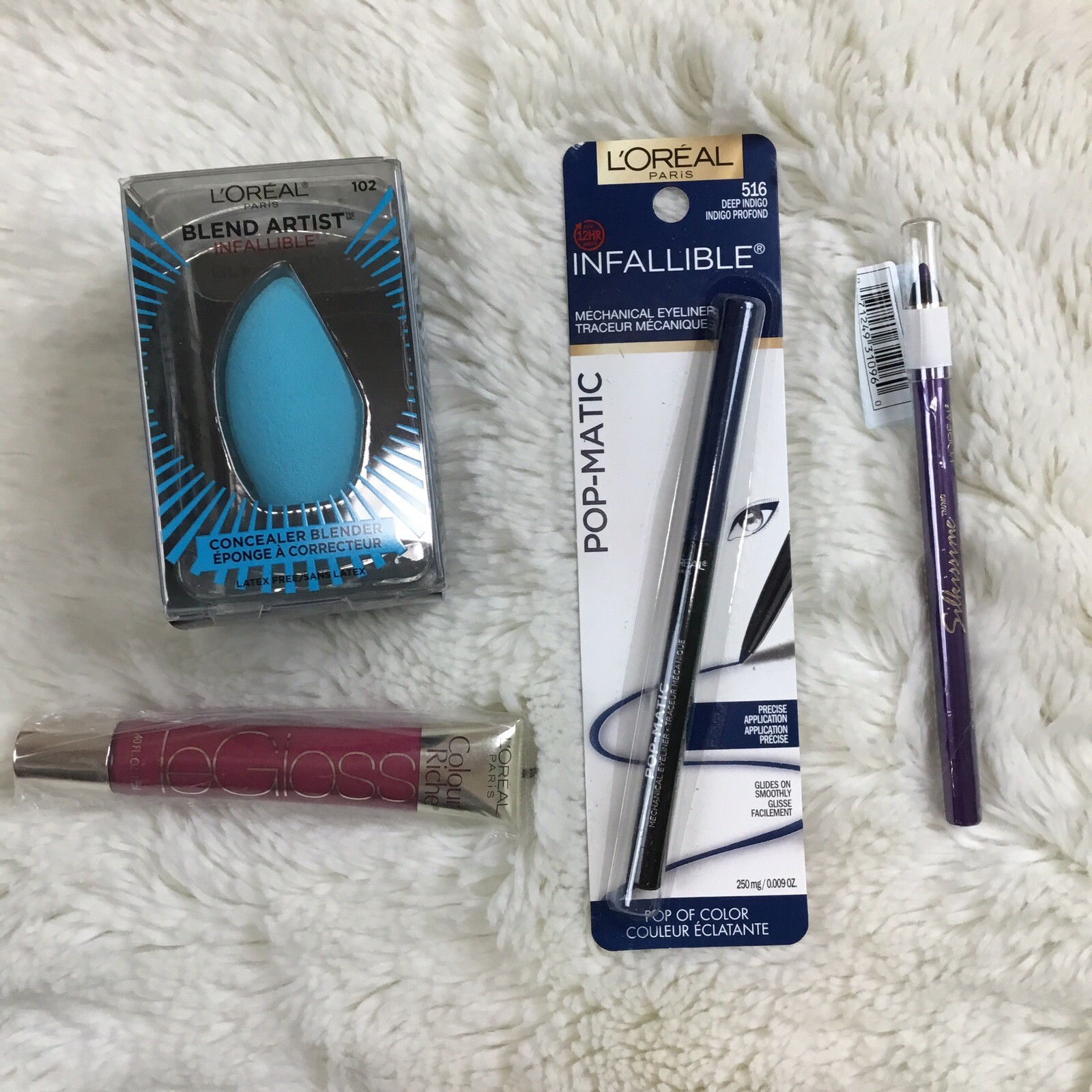 L’oreal 4 Pc Lot Infallible Blender Sponge, Lip Gloss, Purple Blue Eyeliner B12