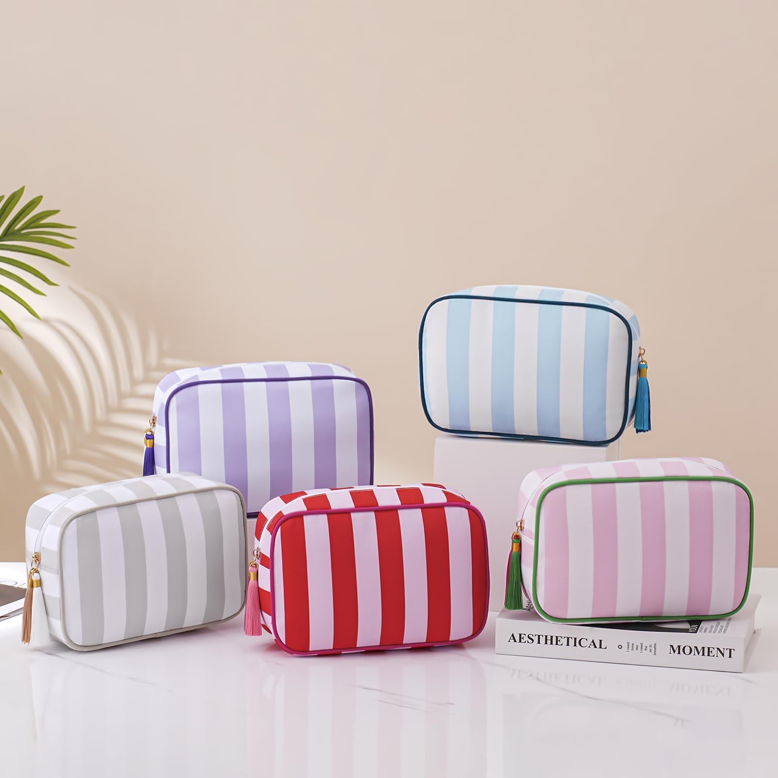 Large Stripe Canvas Zipper Makeup Bag,Aesthetic Tassel Travel Cosmetic Bag,Co…