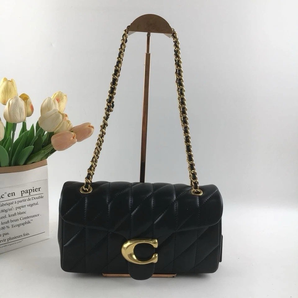 Coach Quilted Tabby 26 Shoulder Bag Black Nappa Leather Gold-Tone Chain Strap