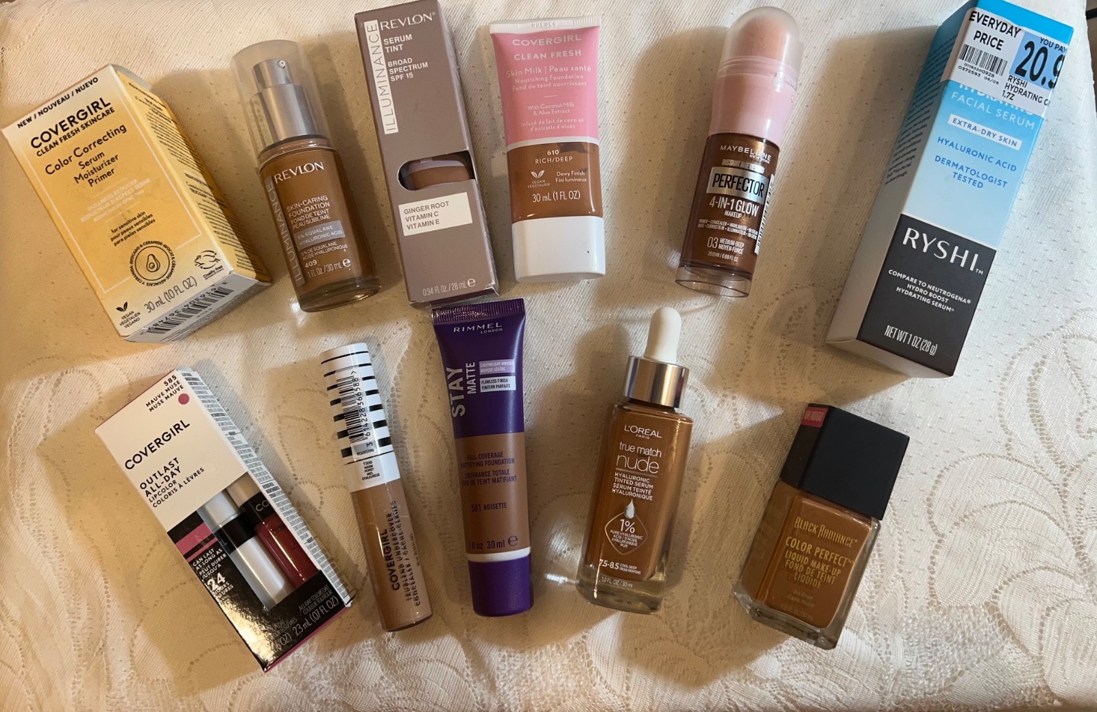 Makeup Skincare Lot 11 Medium Tone Covergirl Revlon Rimmel Foundation Primer Lip