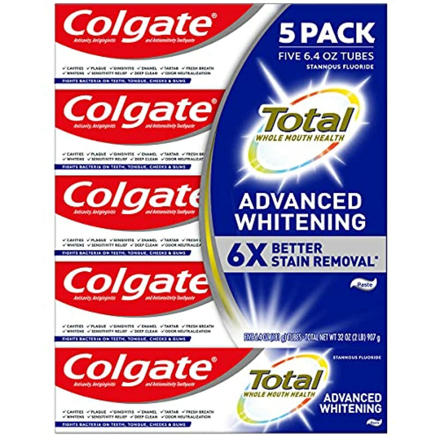 Colgate Total Advanced Whitening Toothpaste, 6.4 oz, 5-Pack | Vegan | Gluten