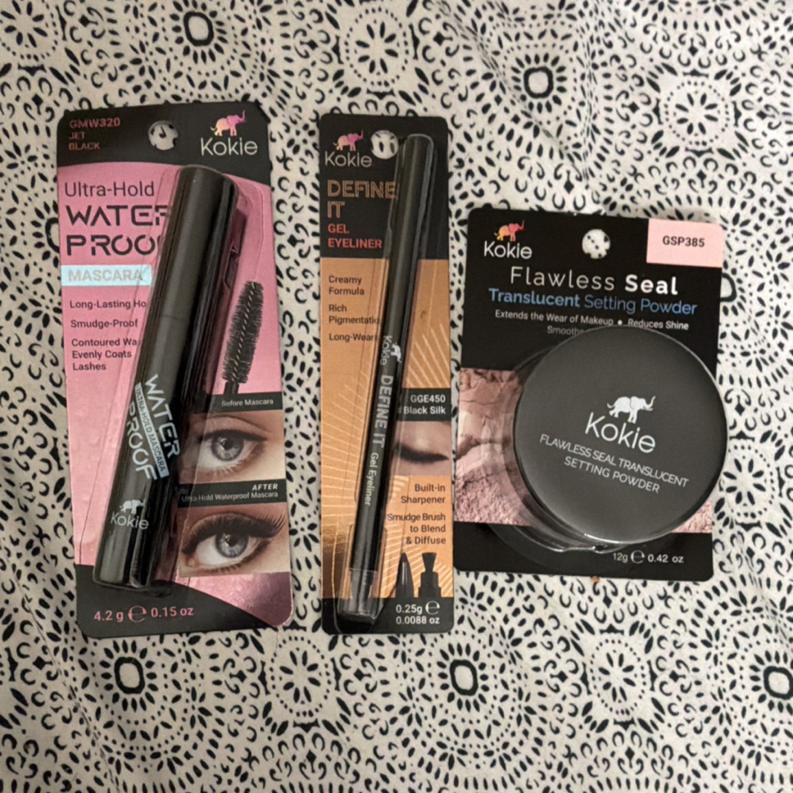 Kokie Waterproof Long Lasting Mascara + Gel Eyeliner + Translucent Powder