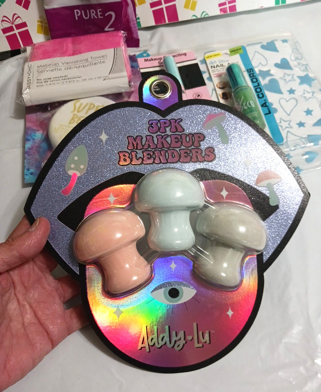 Mixed lot make-up + bath bombs, sponges, blenders, towels, lip balm, massager +