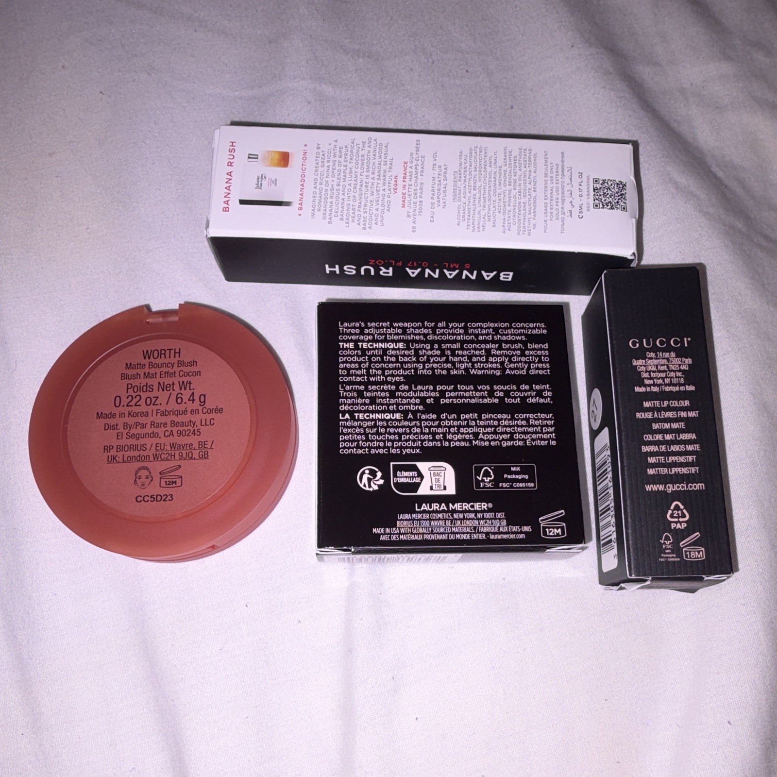 Mixed Brands Makeup & Fragrance Lot: Gucci Matte, Rare Beauty, Laura Mercier