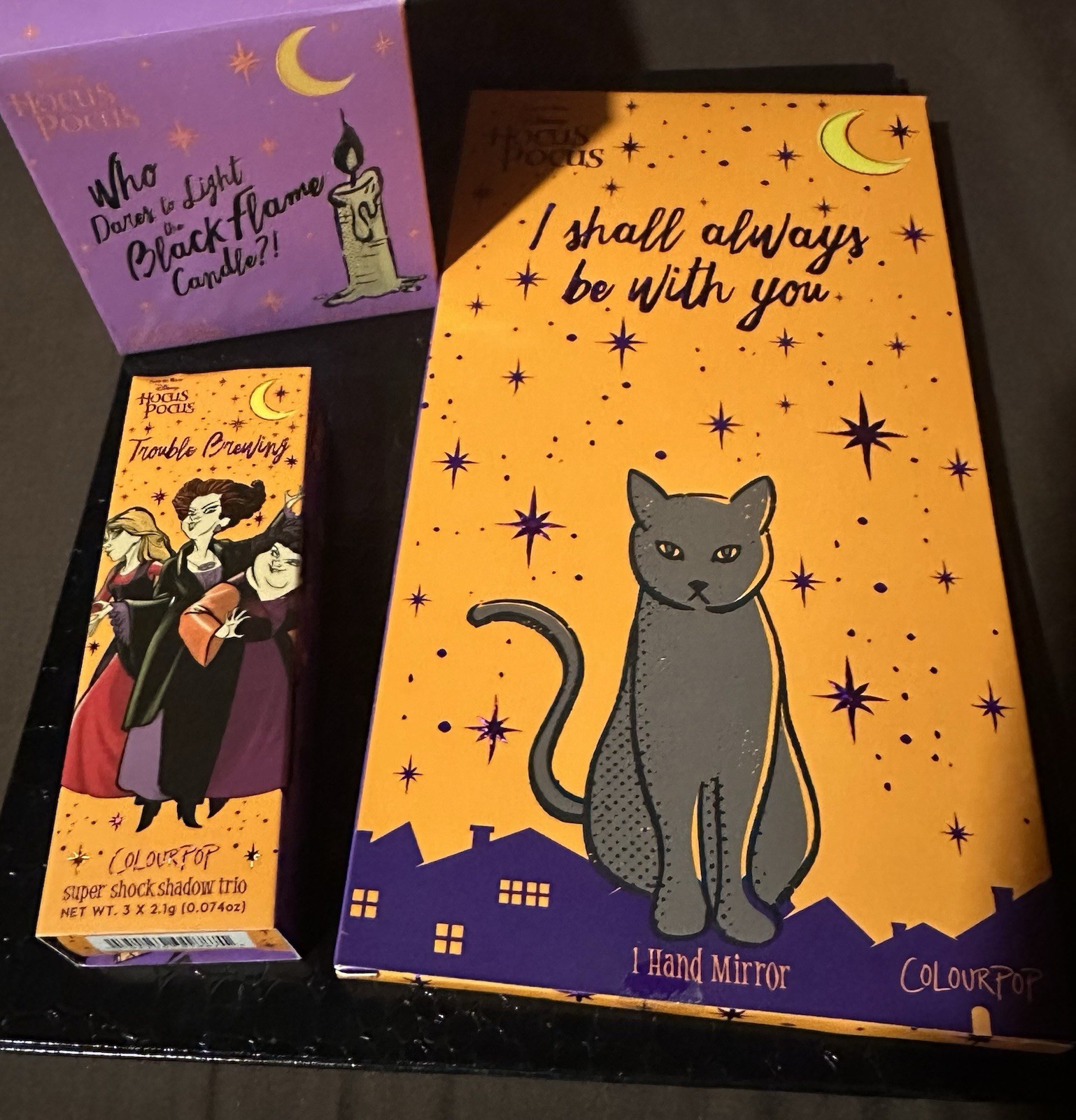 Colourpop Hocus Pocus Black Flame Candle, Cat Mirror and Super shock Shadow Trio