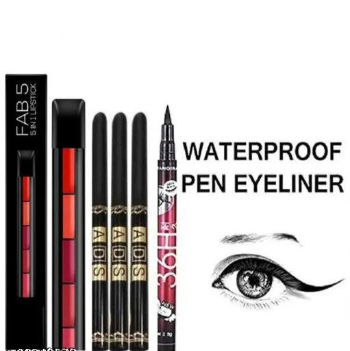 5 in 1 lipstick pack of 1 and 3 pcs ads black pencil kajal and 1 pcs 36h eyeline