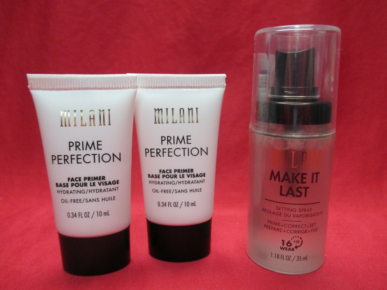 Milani Travel~Prime Perfection Hydrating Primer~Make It Last Setting Spray~LOTo3