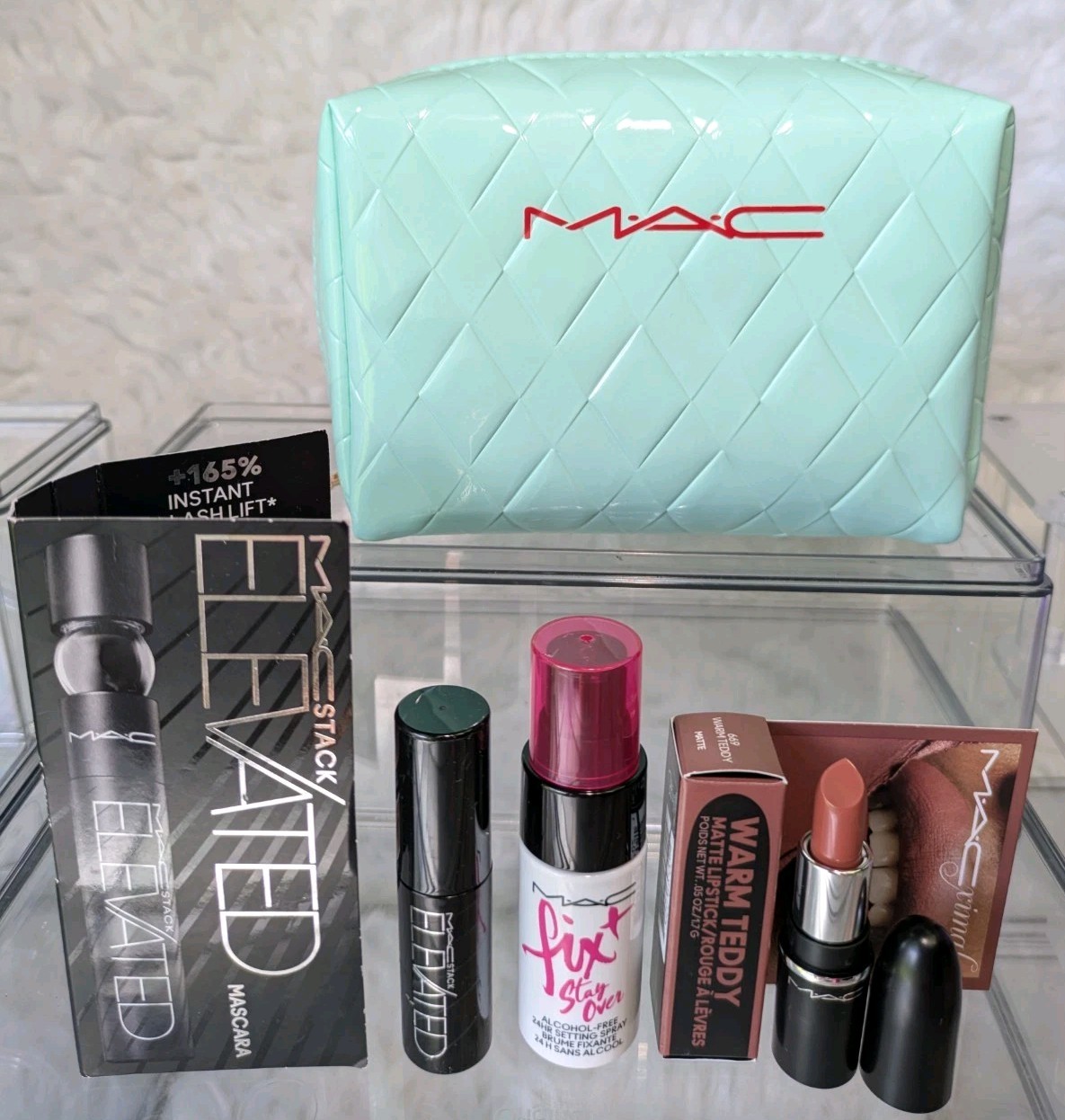 MAC Lot of 4 Warm Teddy Lipstick, Mascara, Setting Spray, & Tiffany Green Pouch