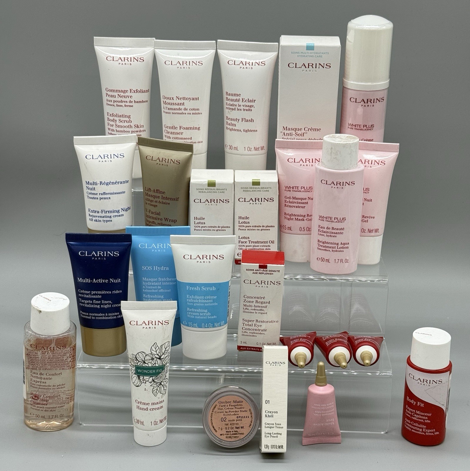 WHOLESALE LOT OF 55 MIXED/ASSORTED CLARINS PARIS BEAUTY PRODUCTS