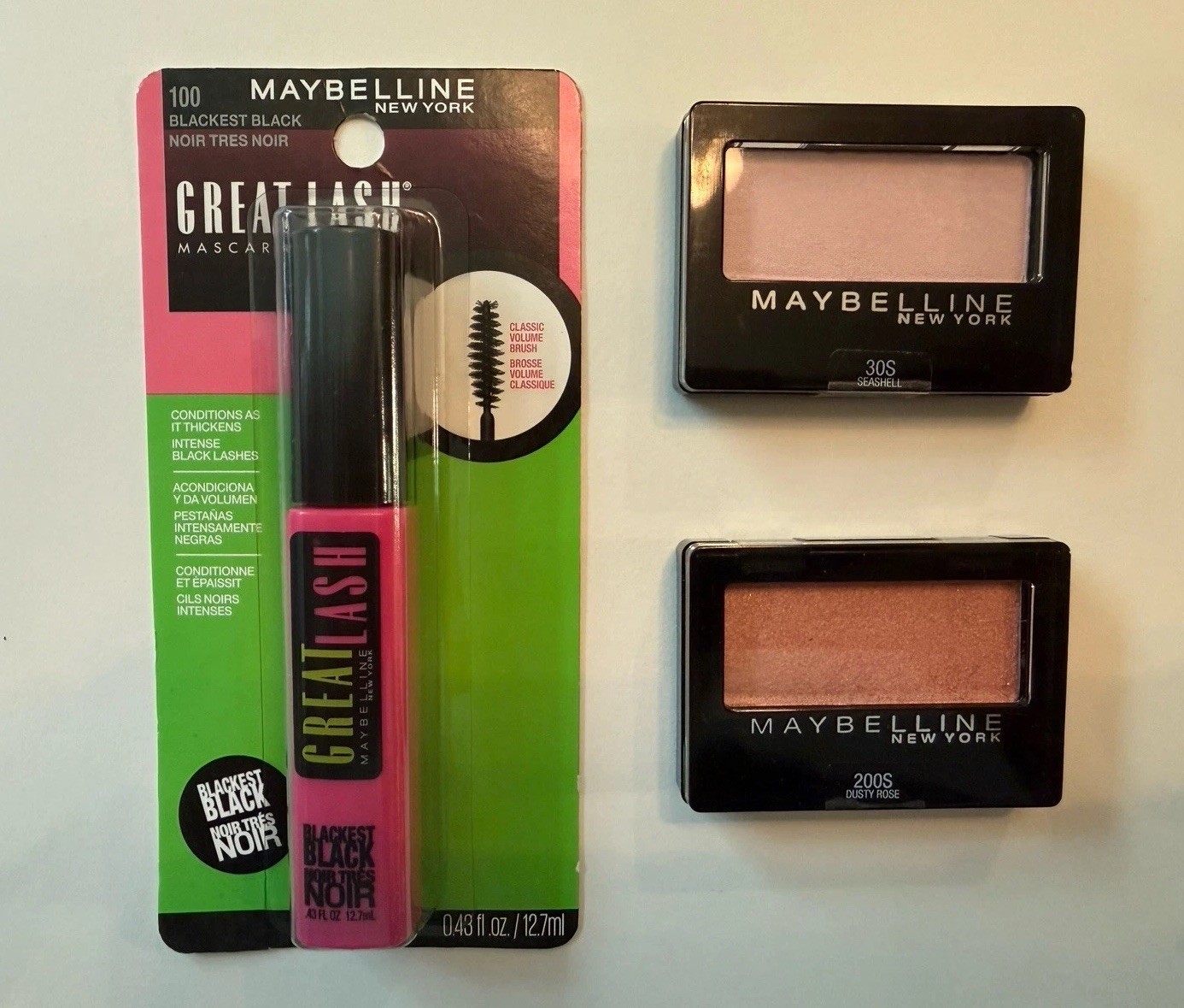 Maybelline Lot Of 3 Great Lash Mascara Blackest Black , Eye Shadow Seashell Rose