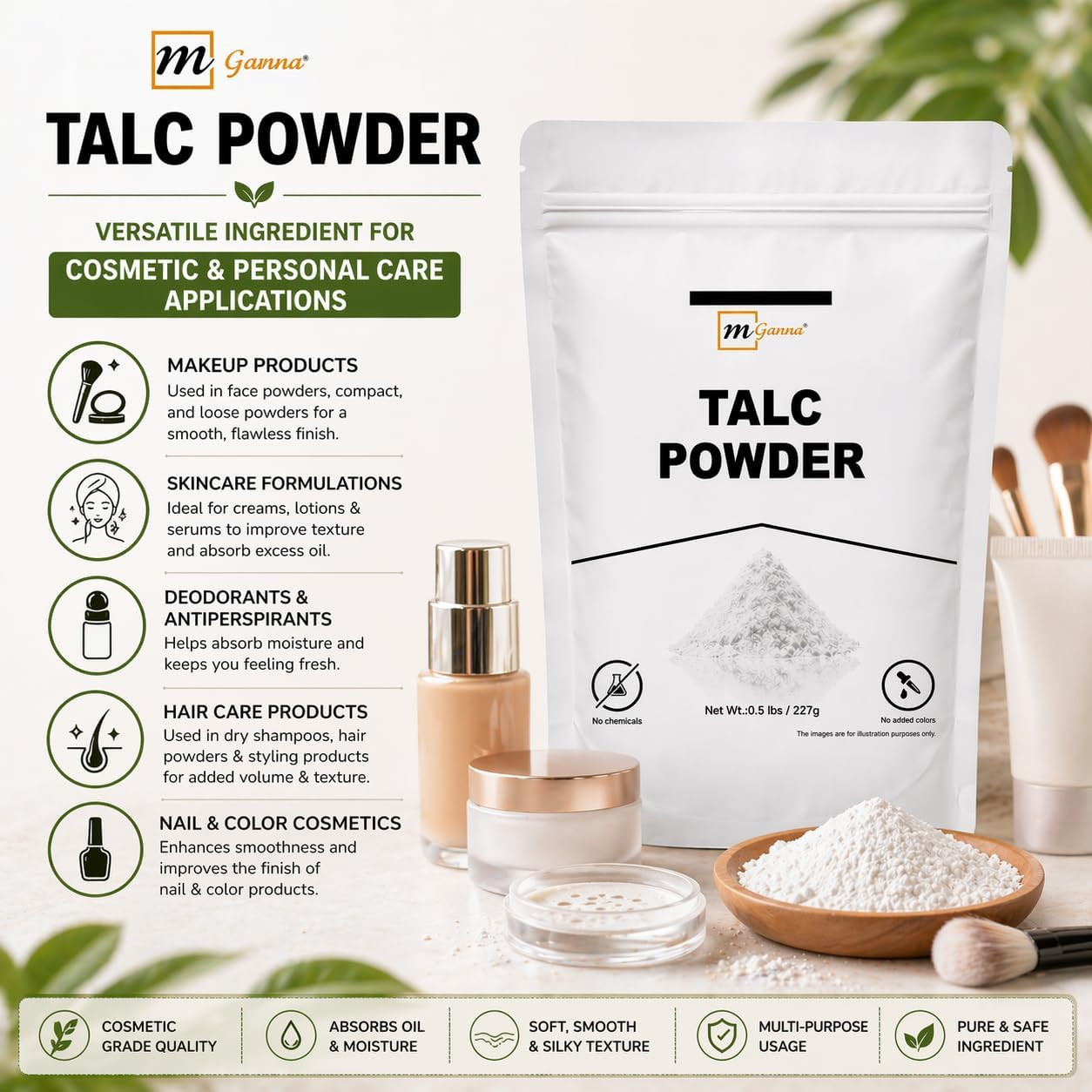 100% Natural Talc Powder for Facial Make-Up, Cosmetic Formulations, and Other In