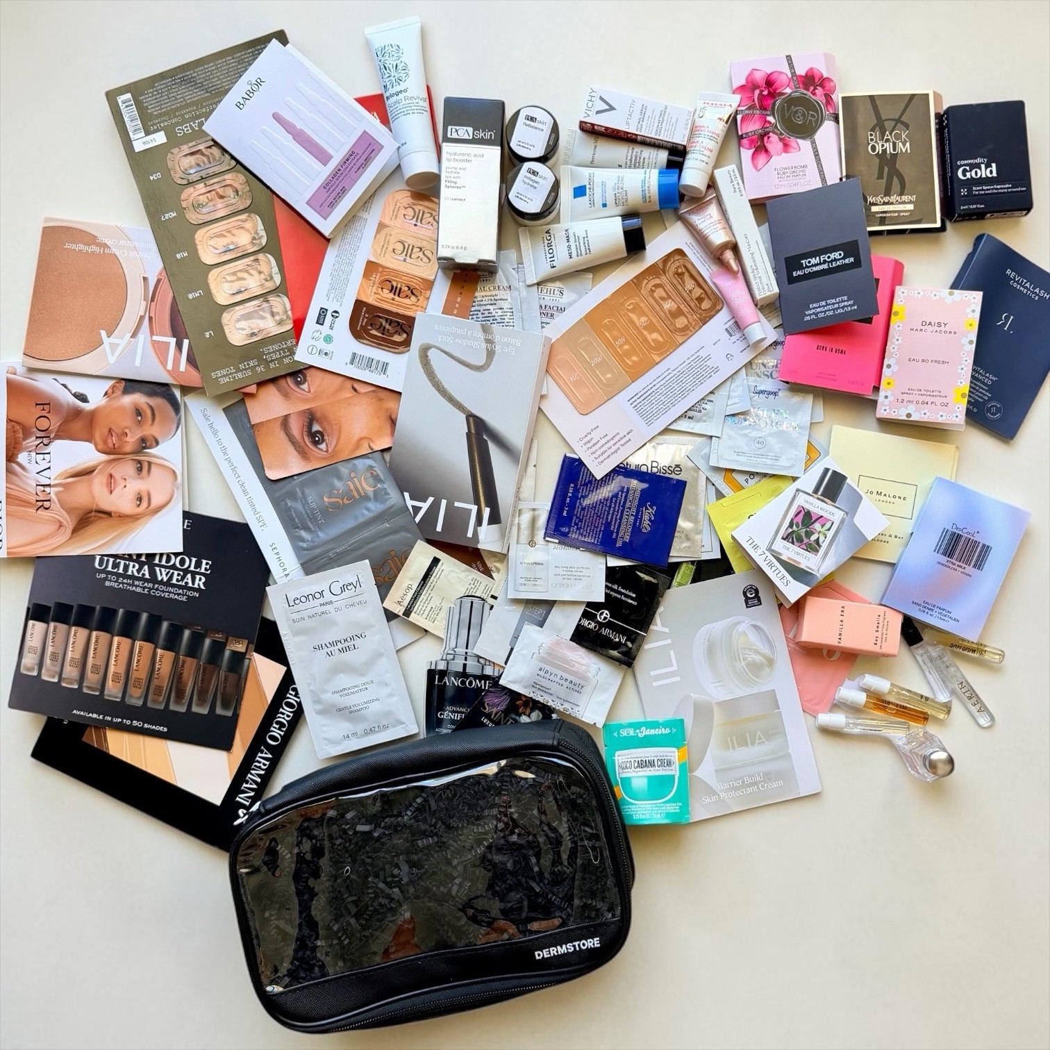 GIANT Lot of 71 Luxury Beauty Samples Skincare Make Up Perfume + Cosmetic Bag