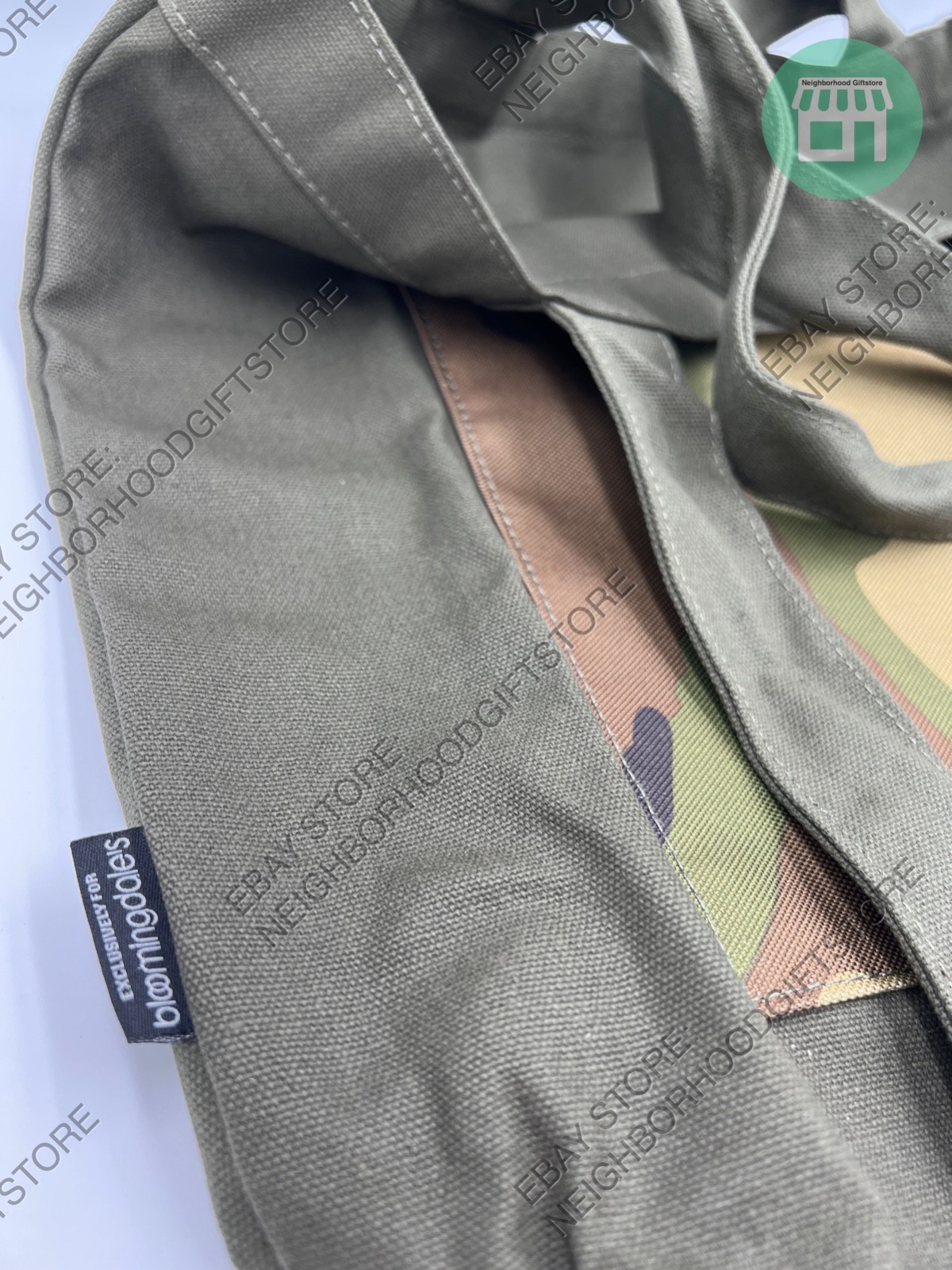 Bloomingdale Tote Bag GREEN ARMY LARGE Size 16″x14″x6″ NEW PICTURES.