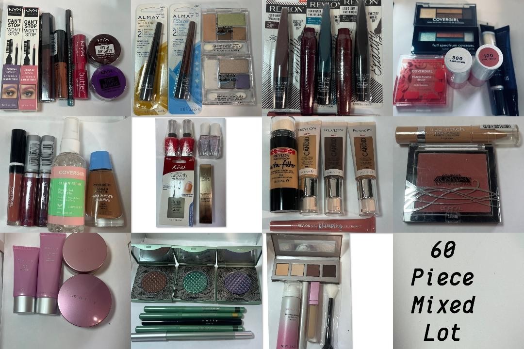 60 pc Mixed Lot LOREAL ALMAY SALLY HANSEN NYX REVLON COVERGIRL MALLY Make Up