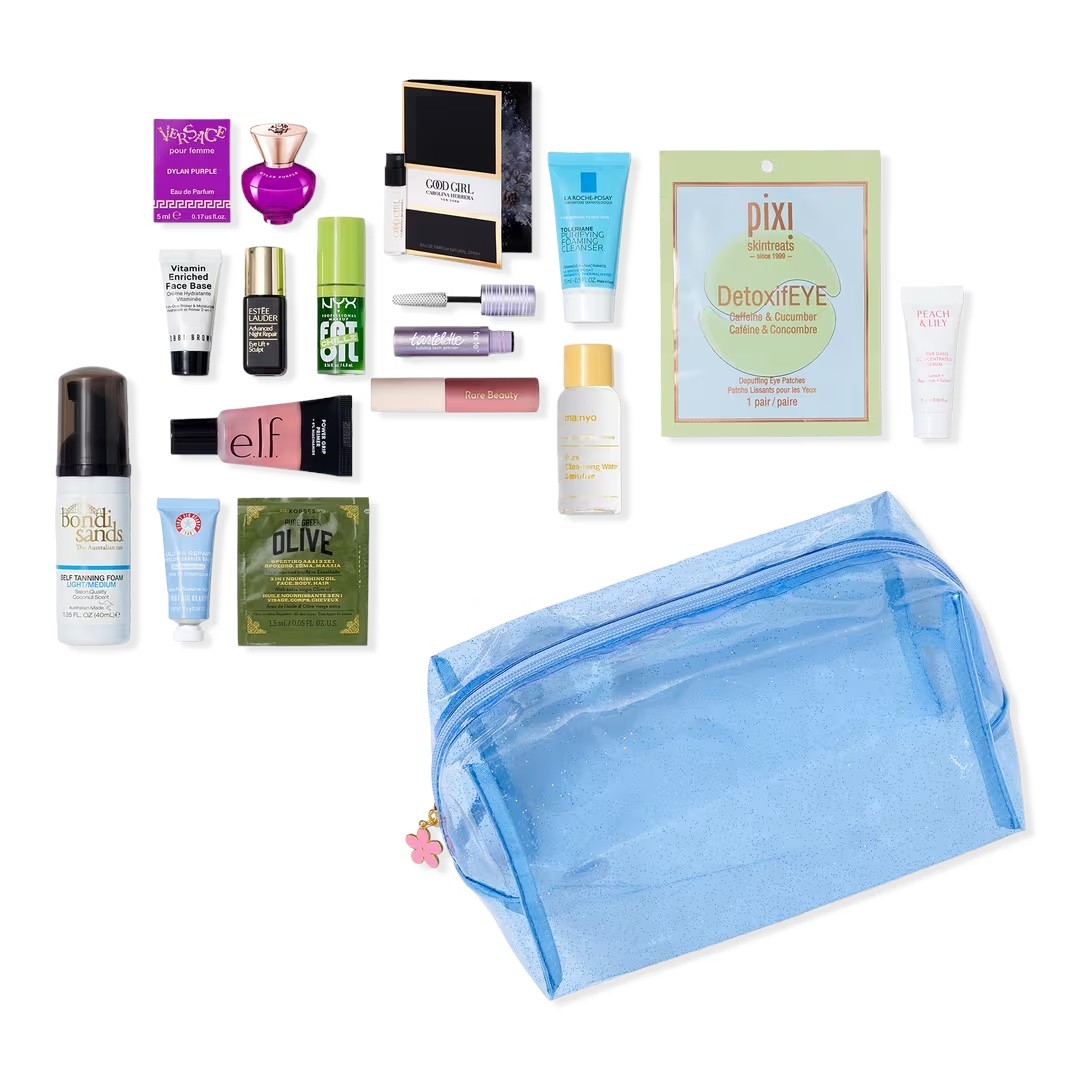ULTA BEAUTY 16 PIECE Skincare Makeup Perfume Samples – Blue Travel Bag