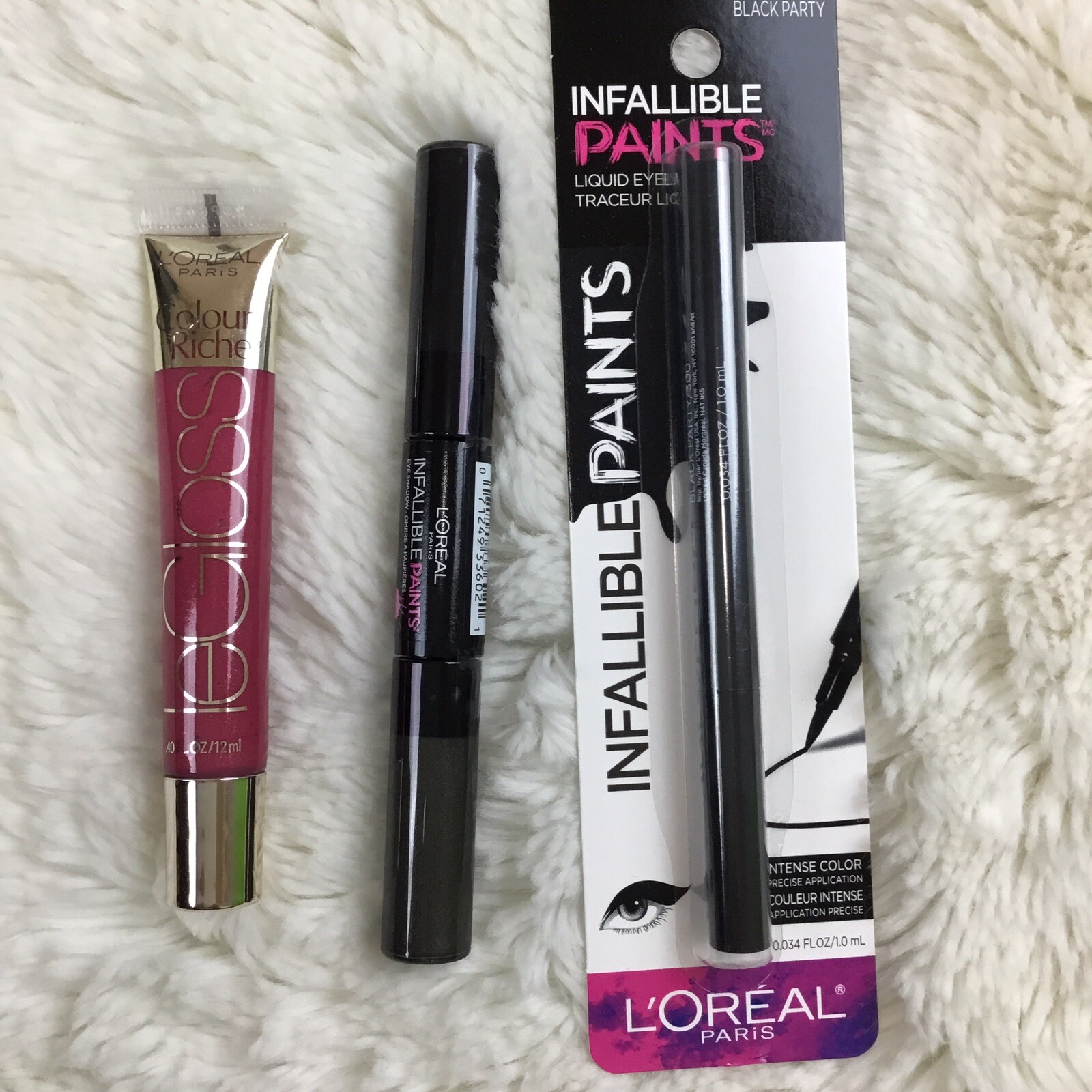 L’oreal 3 Pc Le Lip Gloss Violet, Black/Charcoal Liquid Eye Shadow Eye Liner B6
